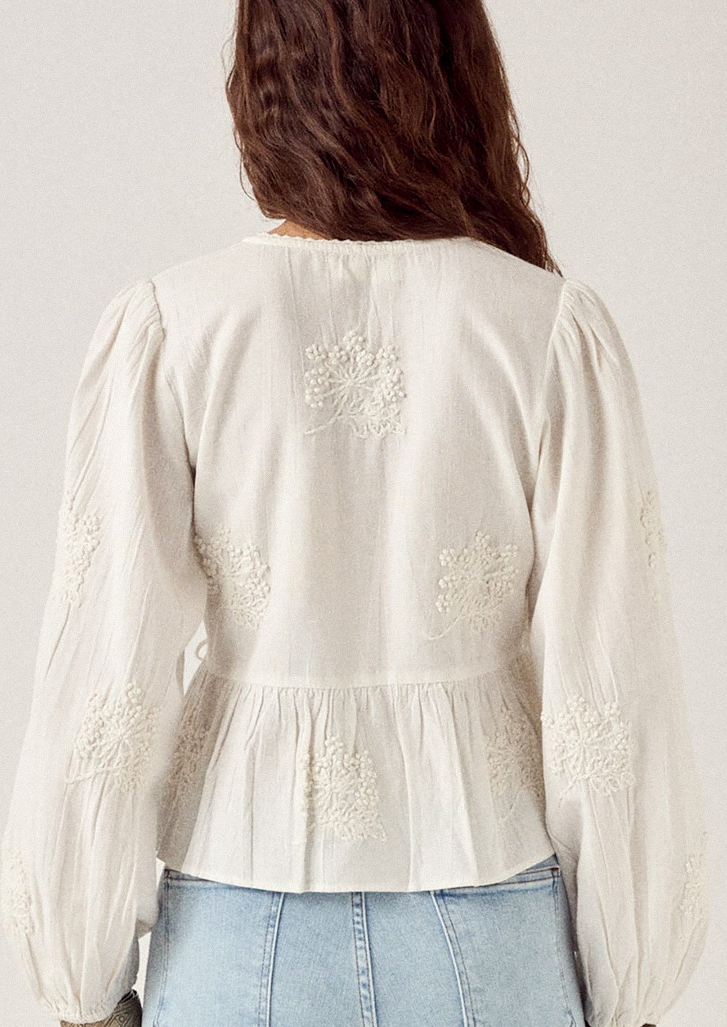 White embroidered blouse worn by a person on a plain background