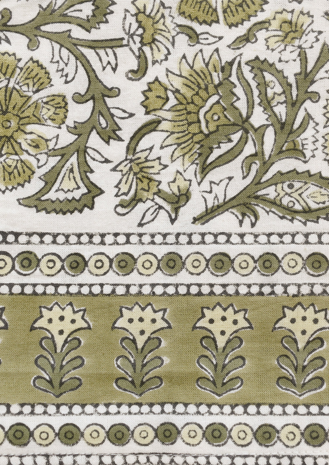 Patterned fabric with green floral design on a white background