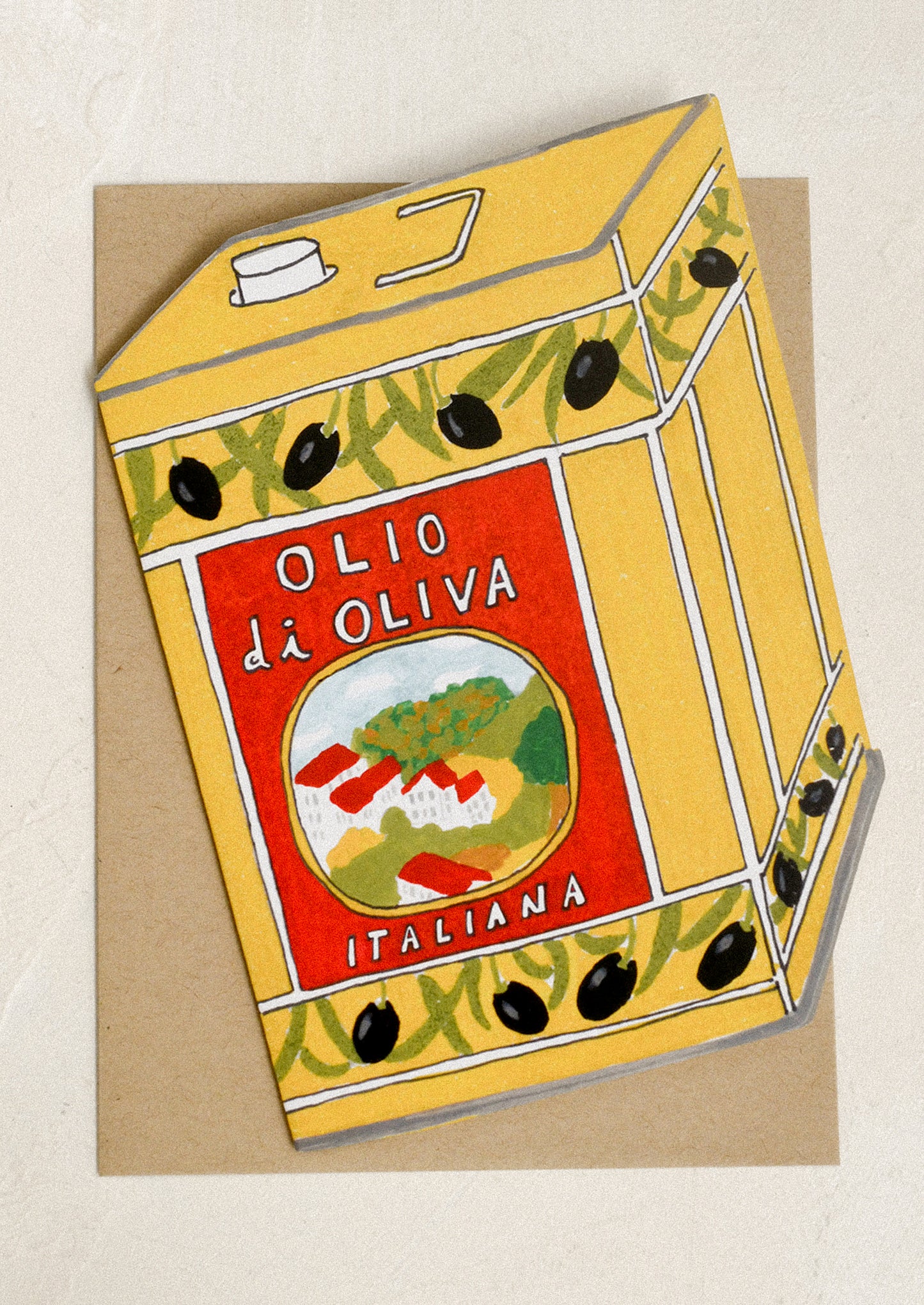 Olive oil box card with 'Olio di Oliva Italiana' design.