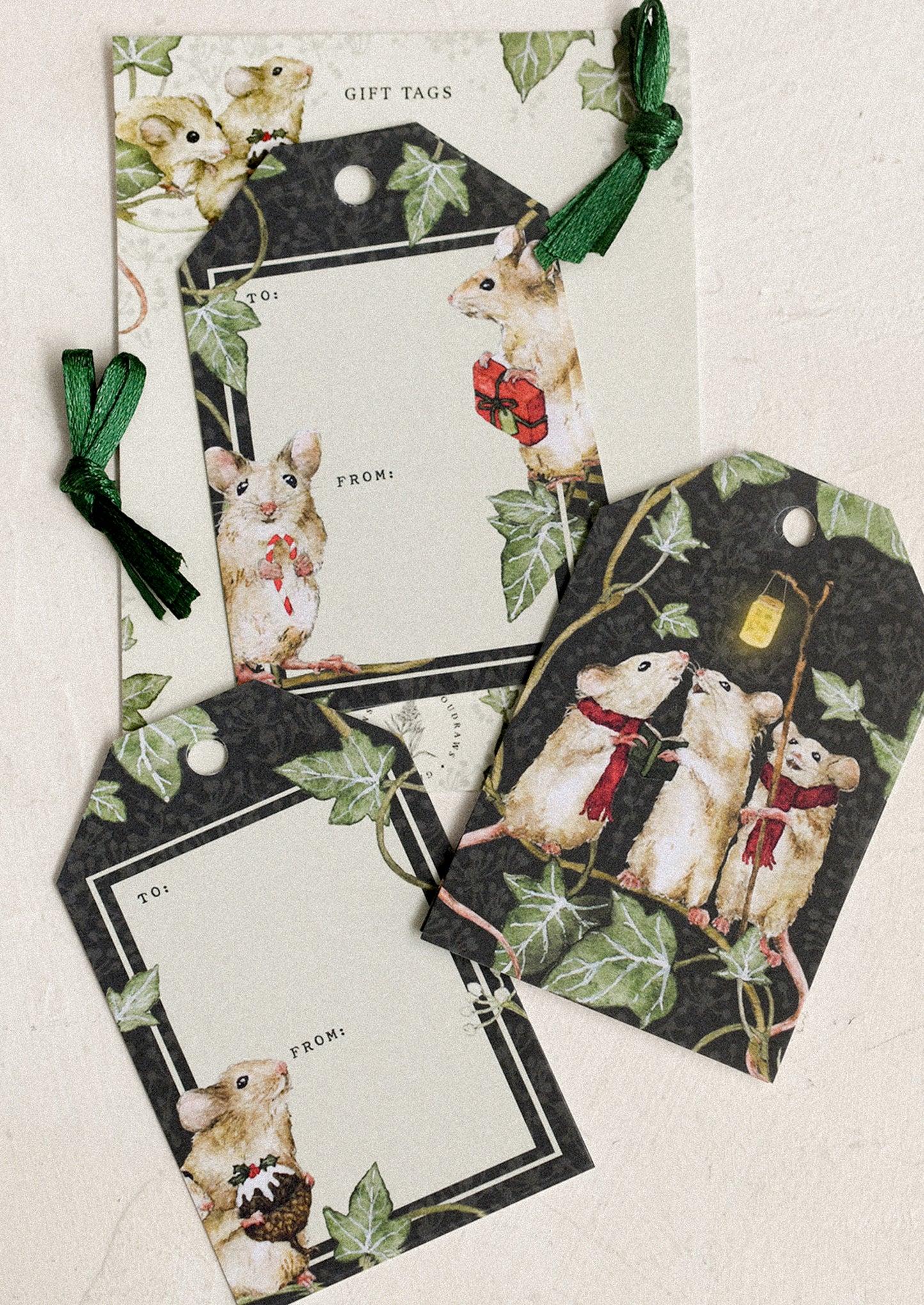 A set of gift tags with festive holiday mouse print.