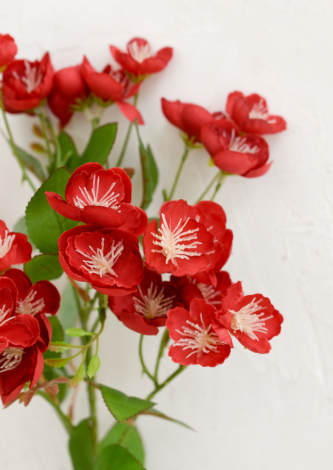 Red artificial flowers with green leaves on a white background