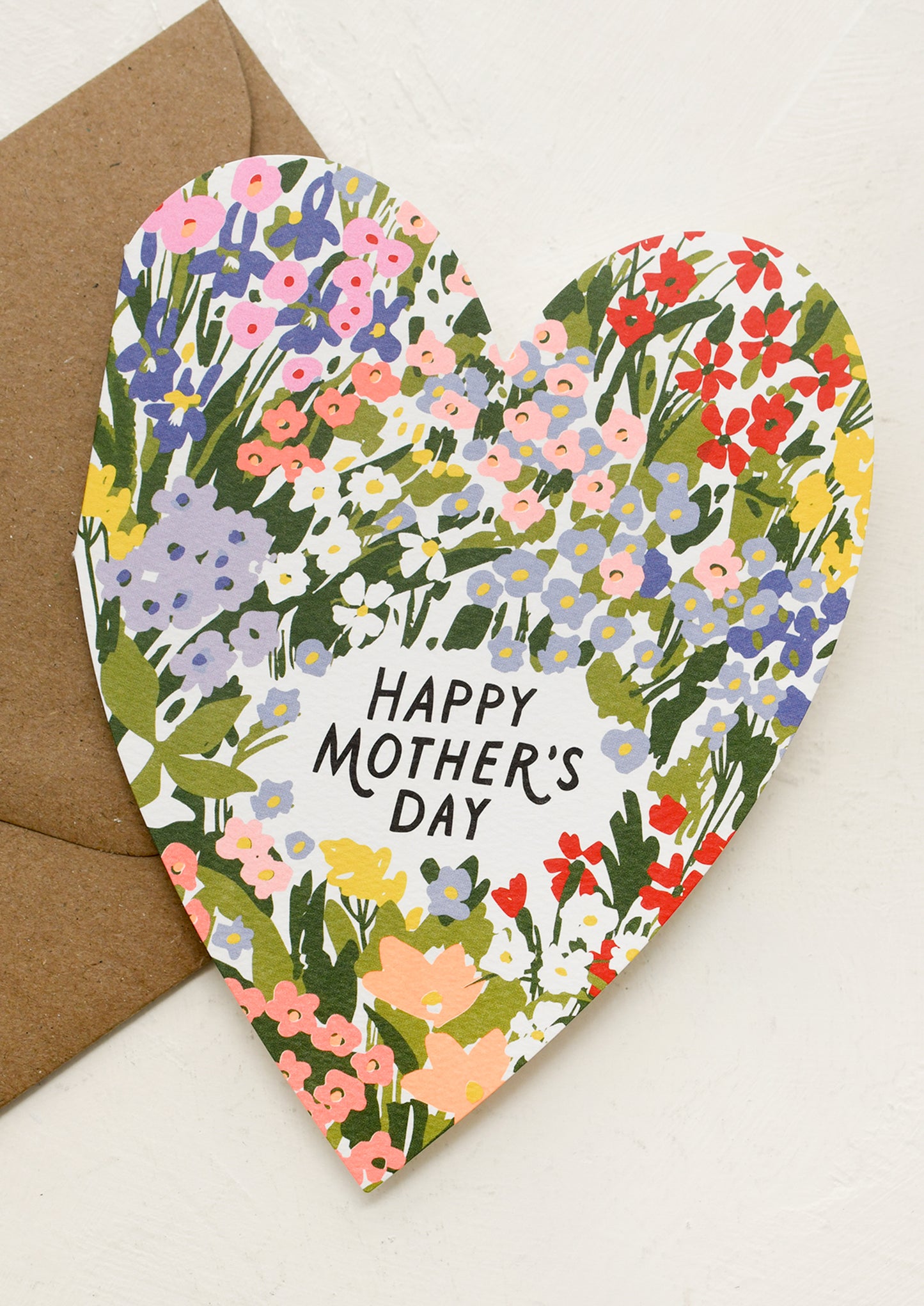 Floral Mother's Day card with a brown envelope on a white background