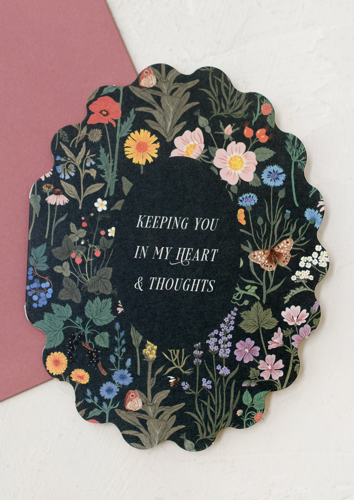 Floral design card with text 'Keeping you in my heart & thoughts' on a white background