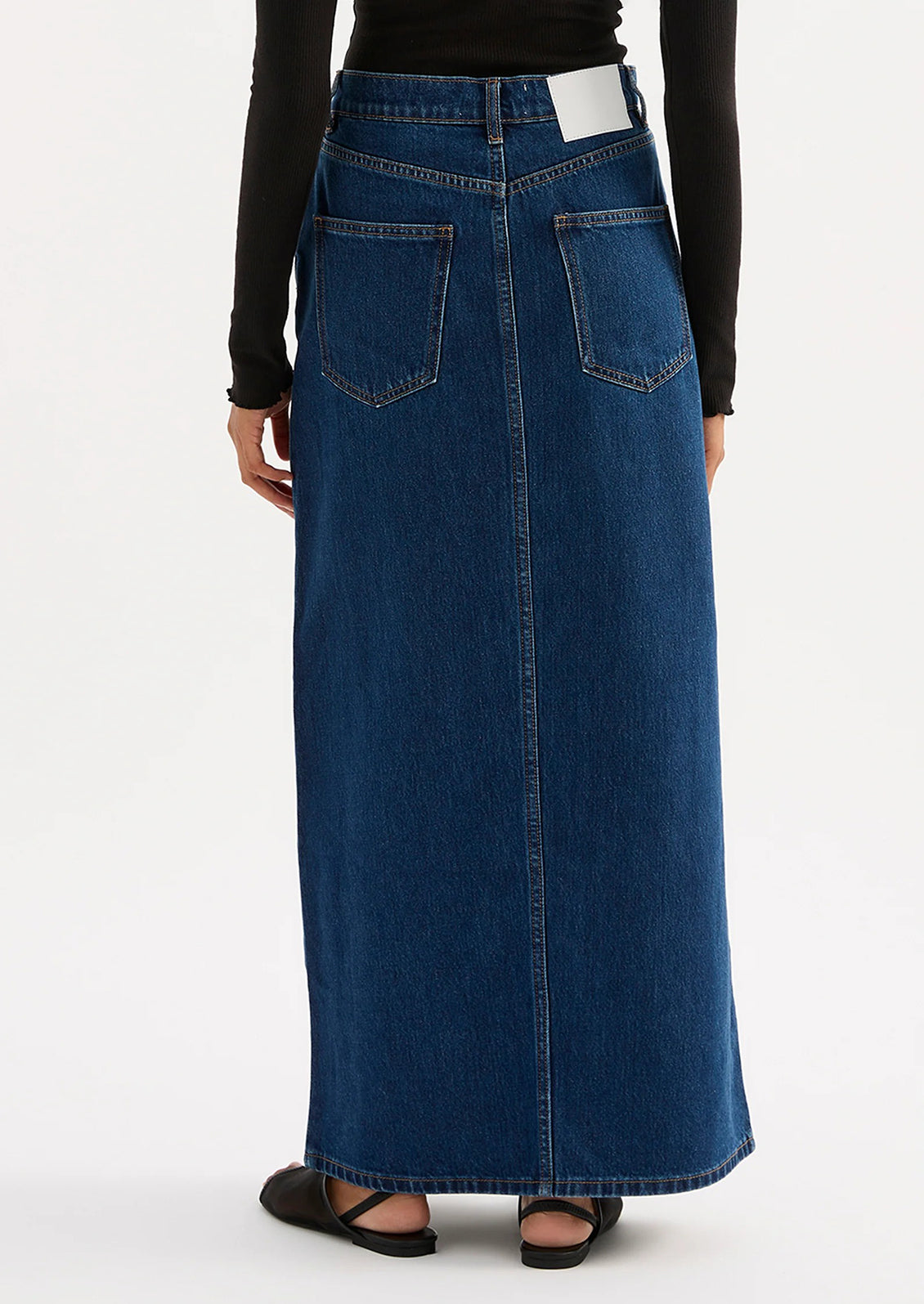 A denim maxi skirt in dark rinse.