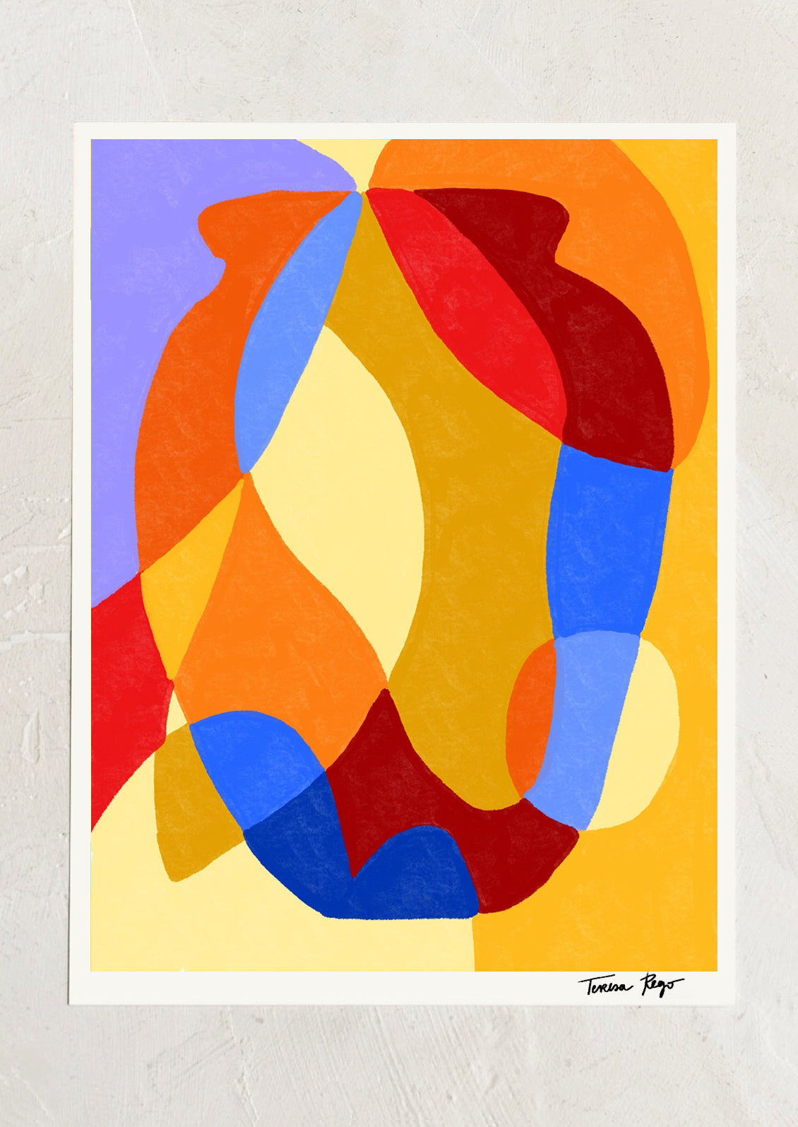 An abstract art print with shape of a pot comprised of different color abstract shapes and formations.