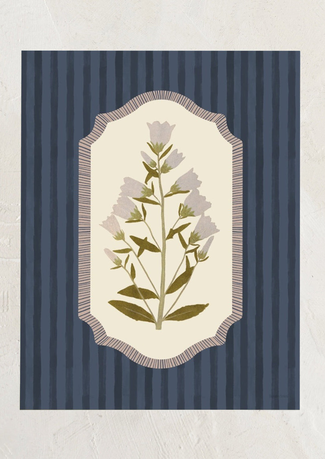 Decorative print with floral design on a blue striped background.