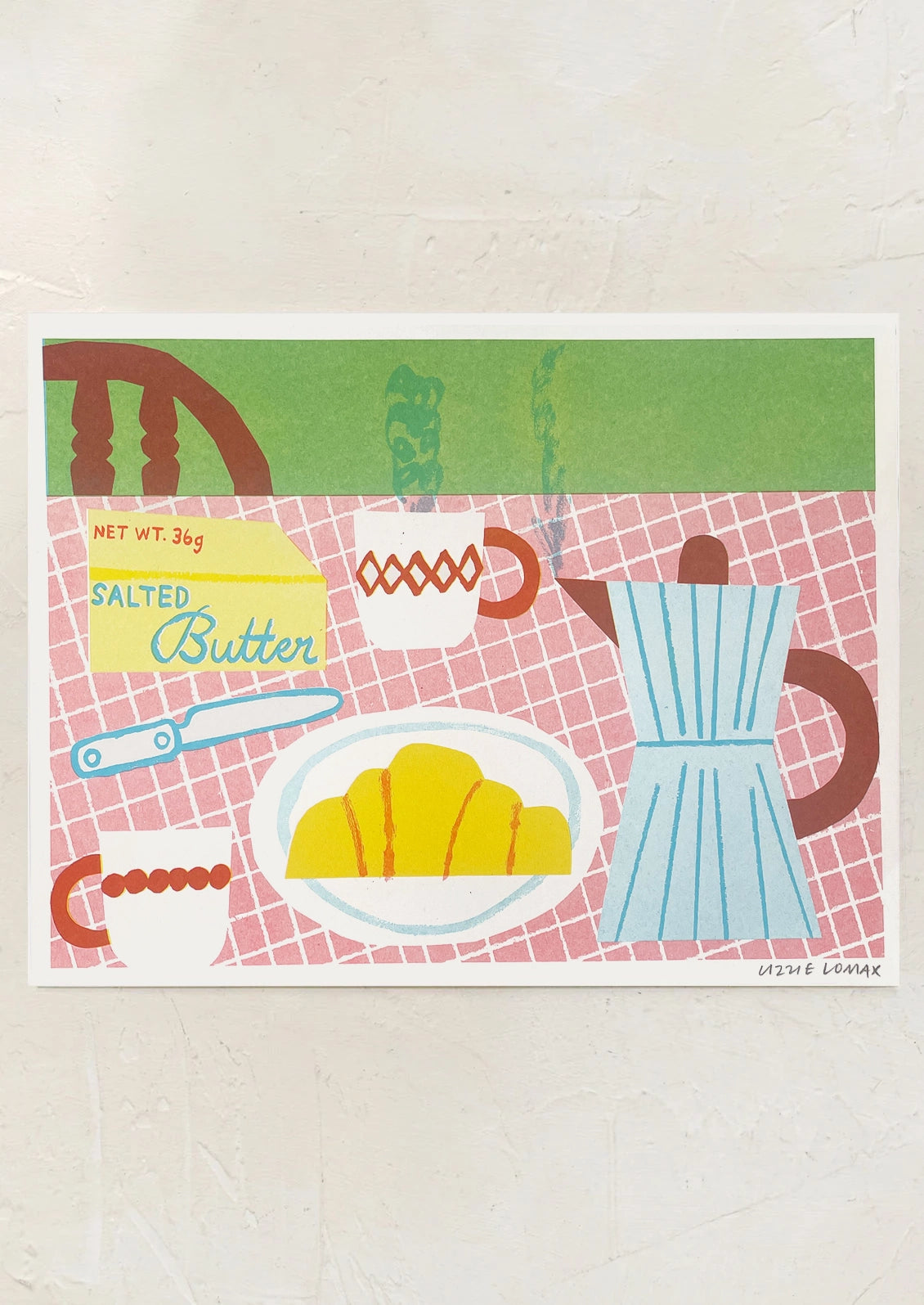 An art print with playful illustration of a breakfast scene.