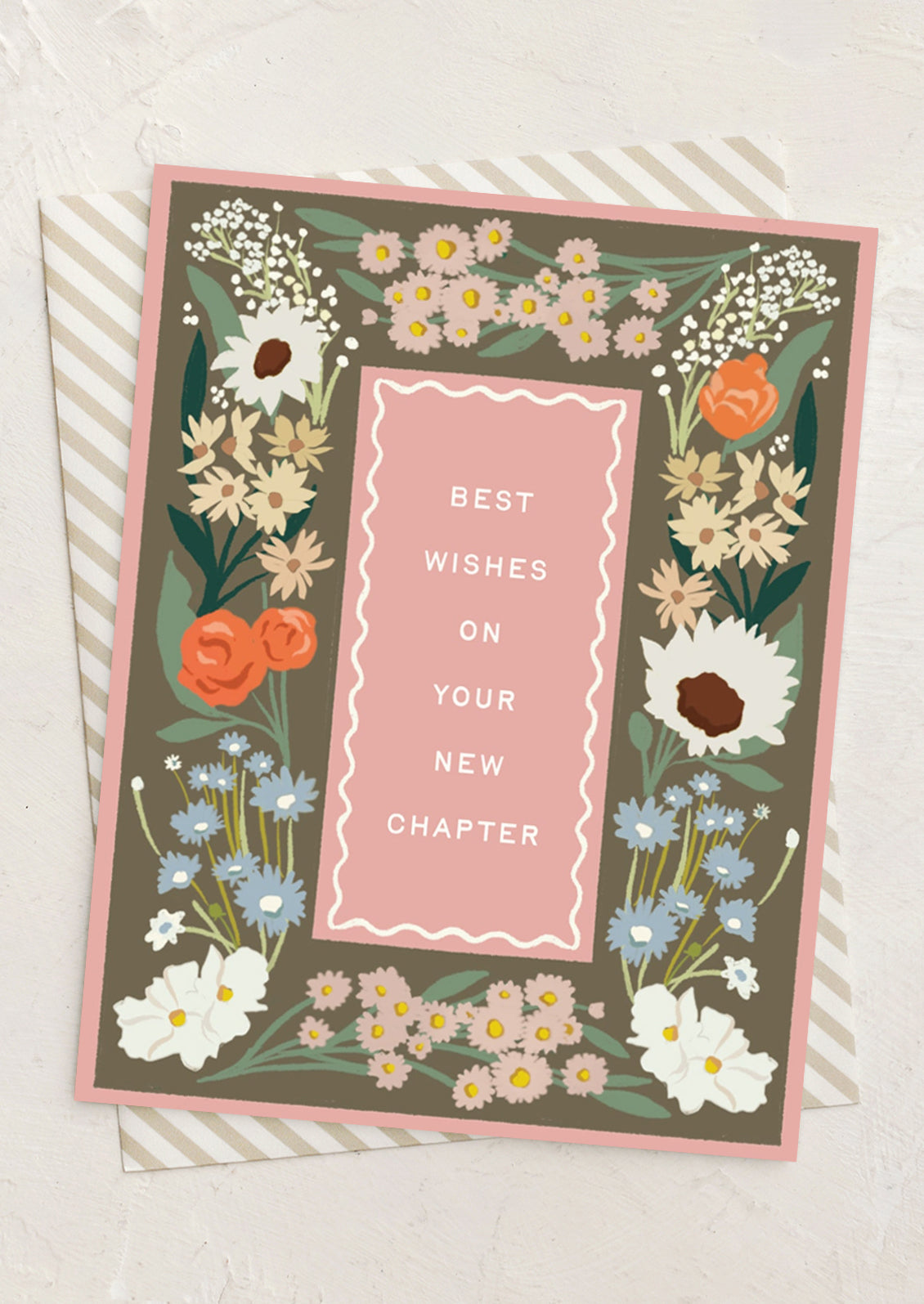 Greeting card with floral design and 'Best Wishes on Your New Chapter' text