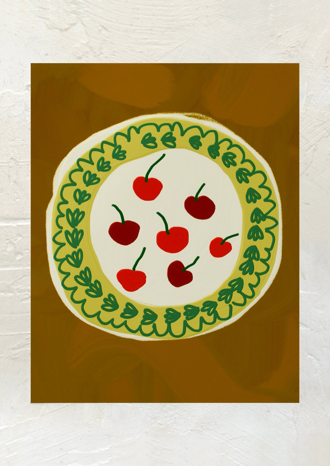 An art print of an illustration of cherries on a plate.