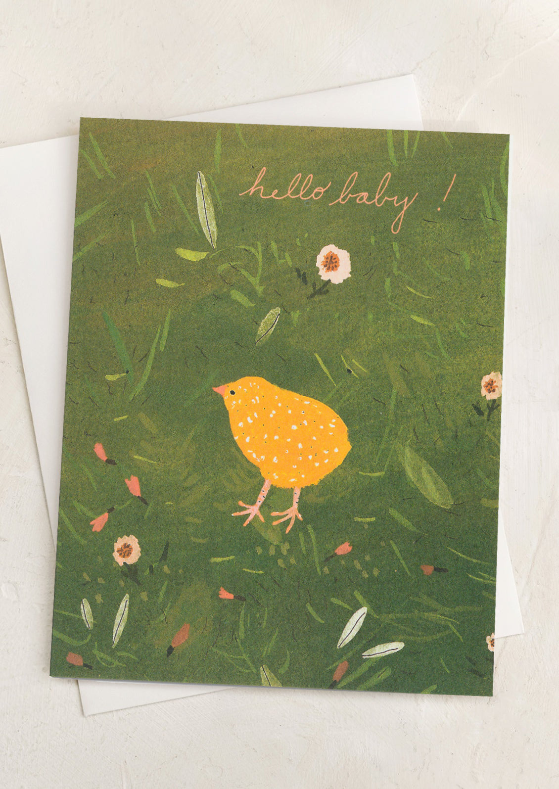 A card with illustration of baby chick, text reads "Hello Baby!".