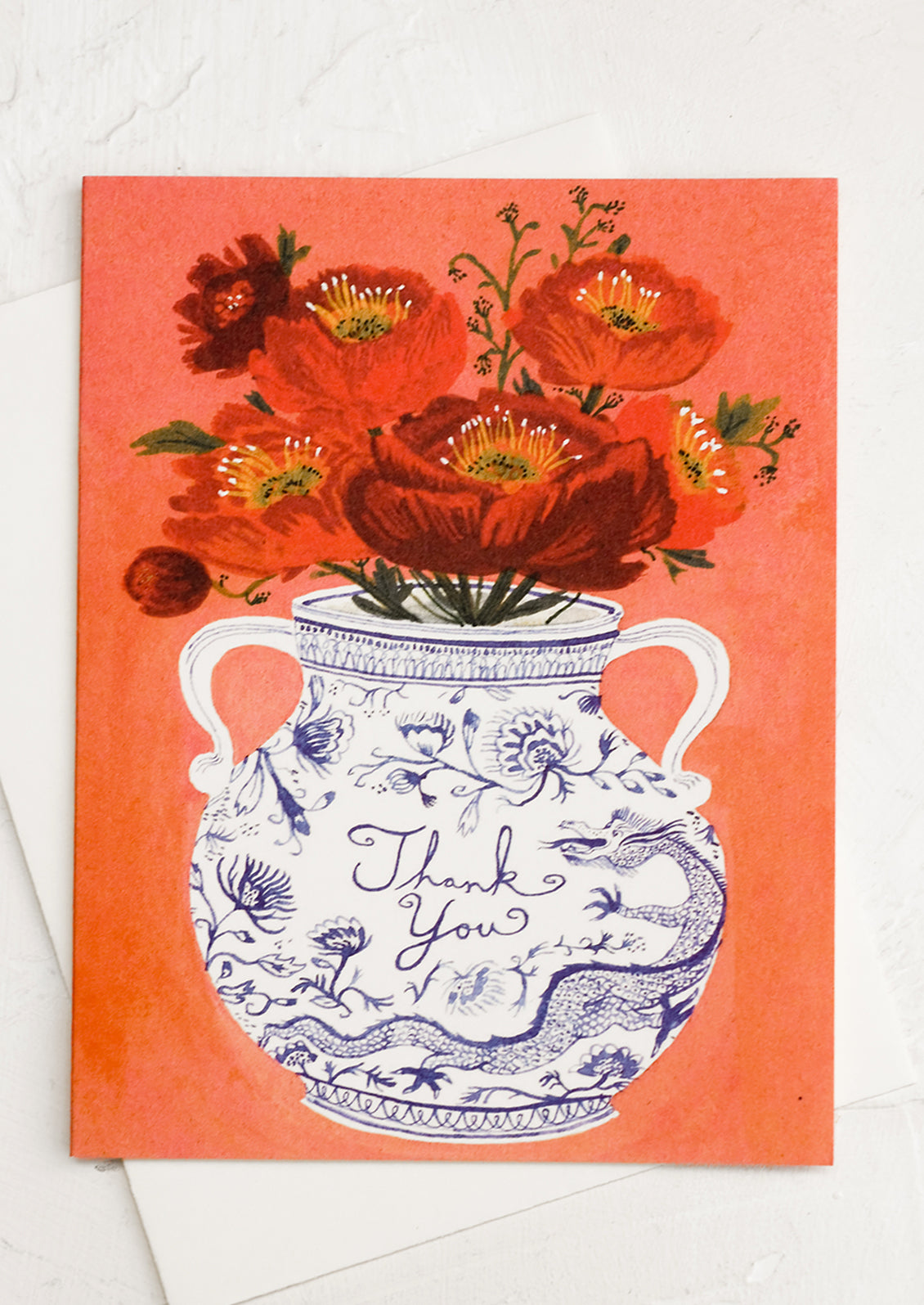 Greeting card with chinoiserie vase holding flowers, text reads "Thank you".