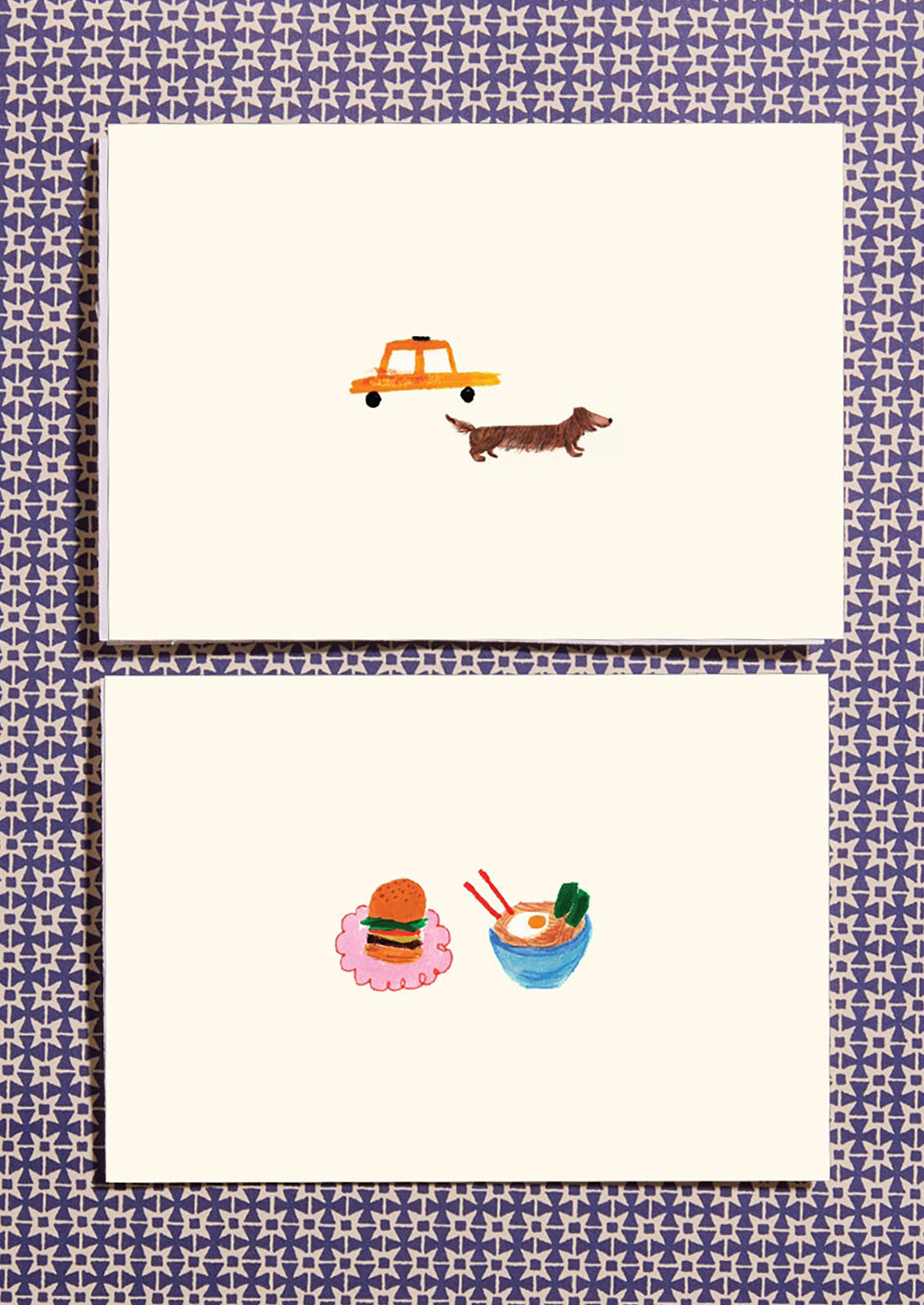 Two cards with illustrations of a taxi, dog, hamburger, and bowl of noodles on a patterned background.