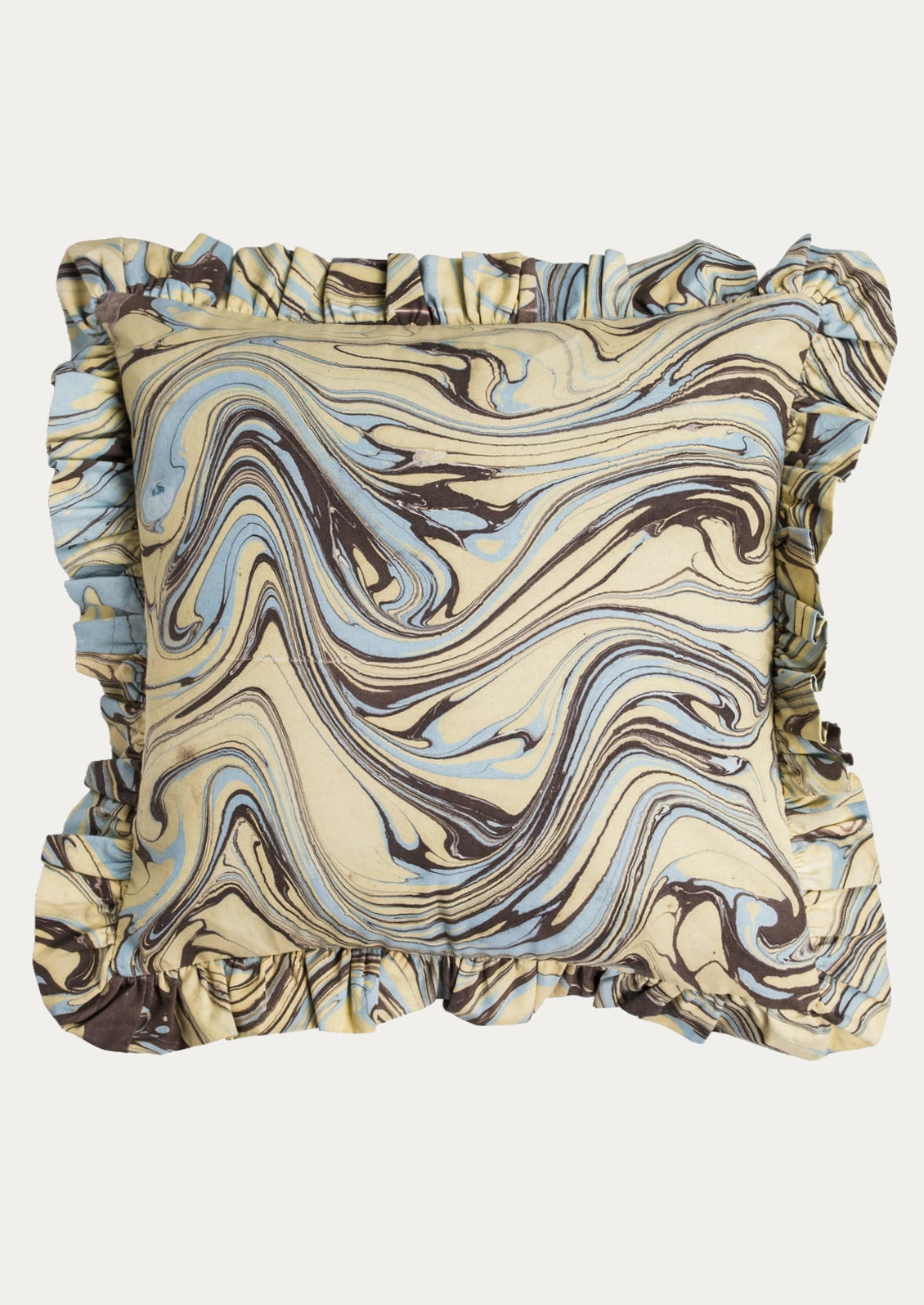 A square decorative throw pillow with a ruffled edge, featuring a marbled swirl pattern in beige, brown, light blue, and cream.