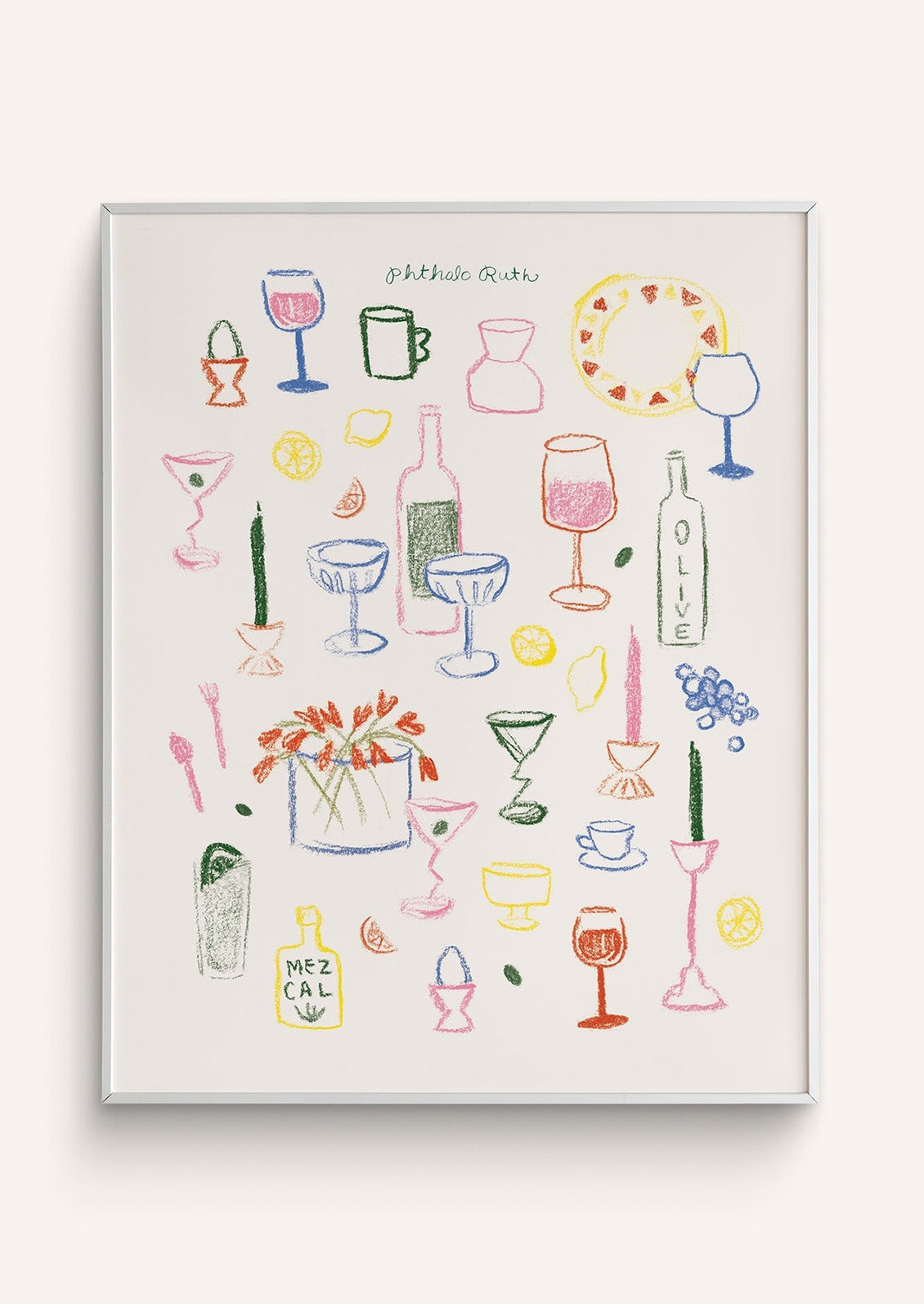 Framed artwork with colorful illustrations of drinks and bar items on a white background