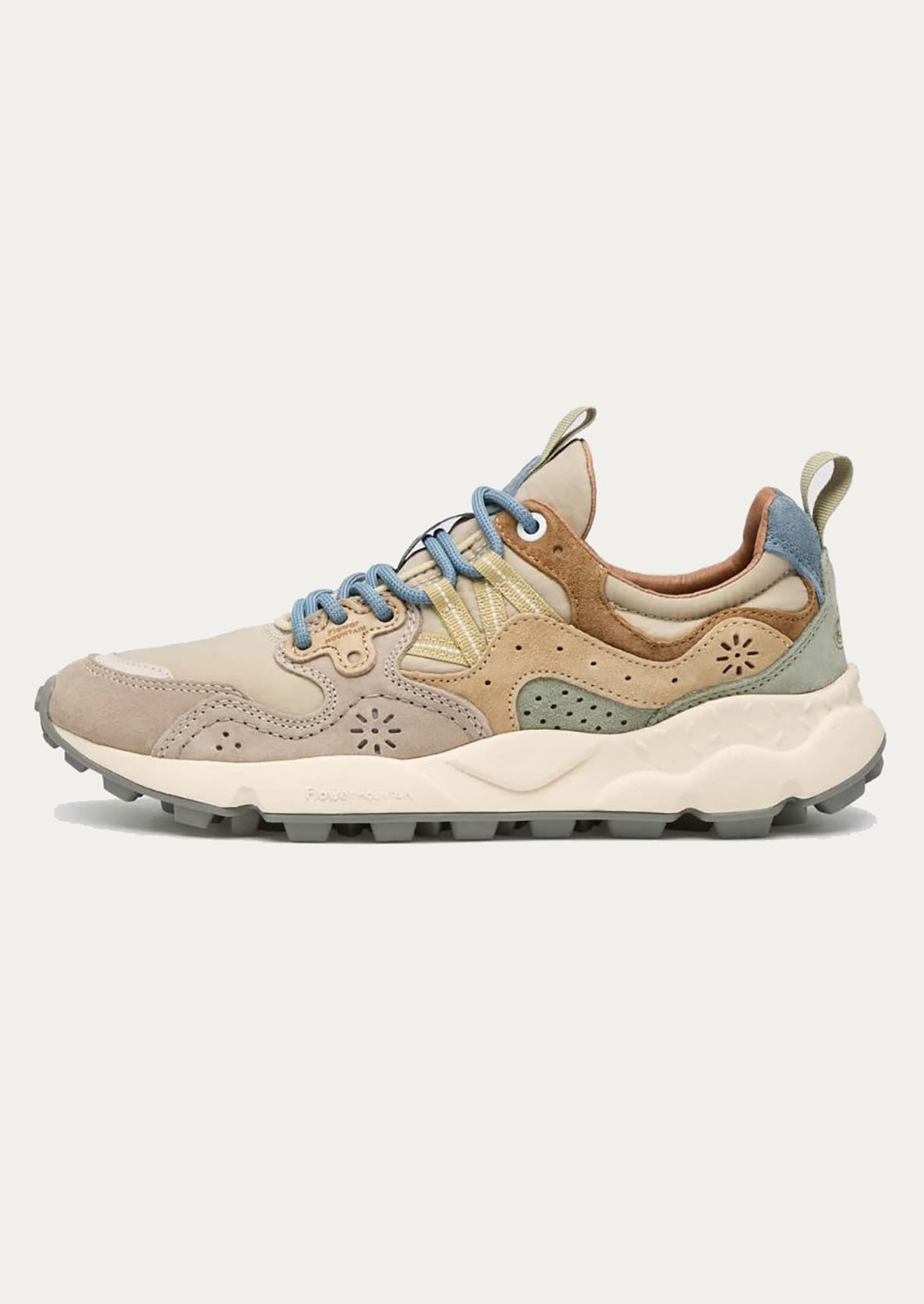 A pair of sporty sneakers in taupe/pastel multi color combo.