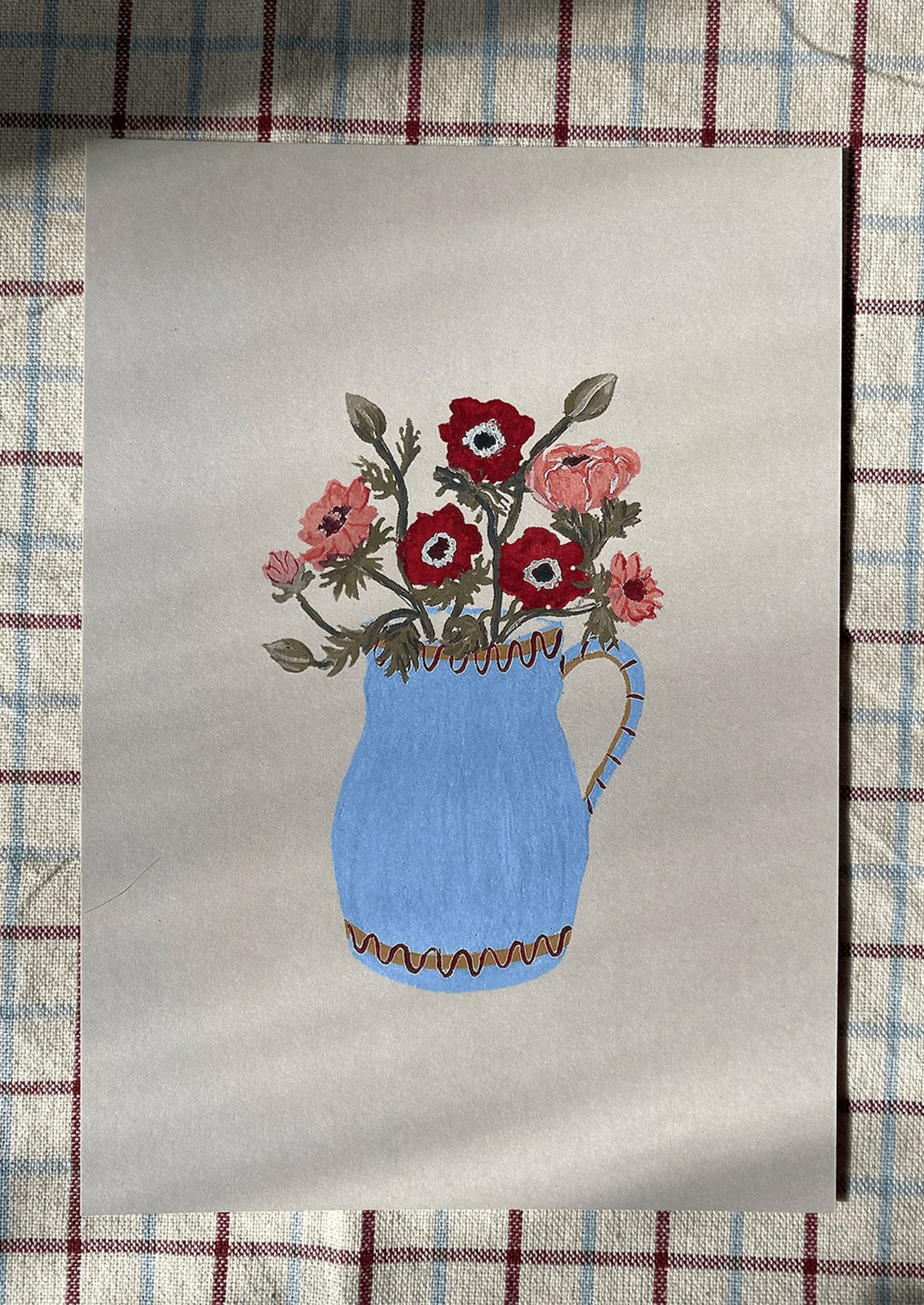 An illustrated art print of anemone flowers in a blue pitcher, on light grey background.