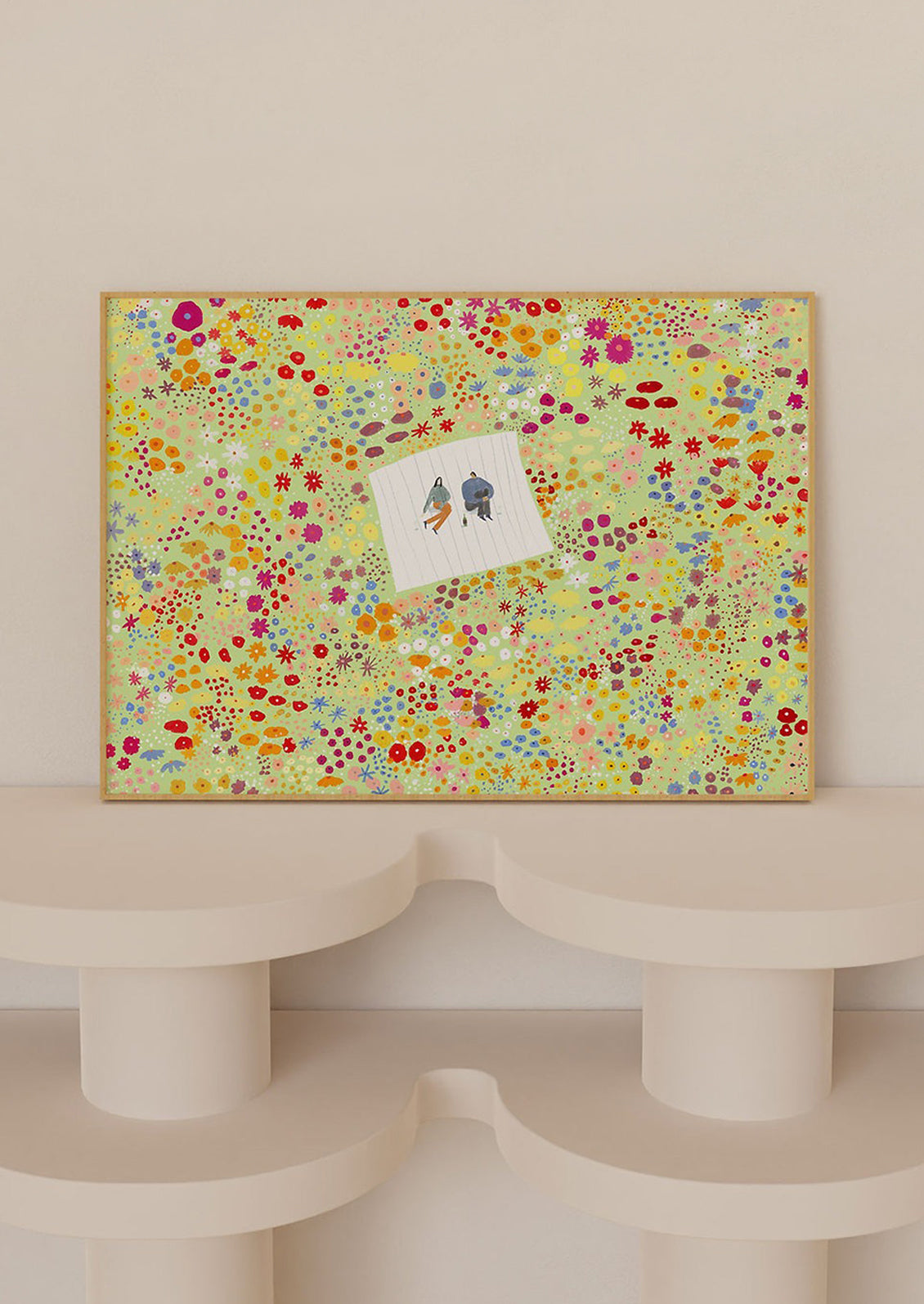 Floral-patterned art print with a couple illustration.