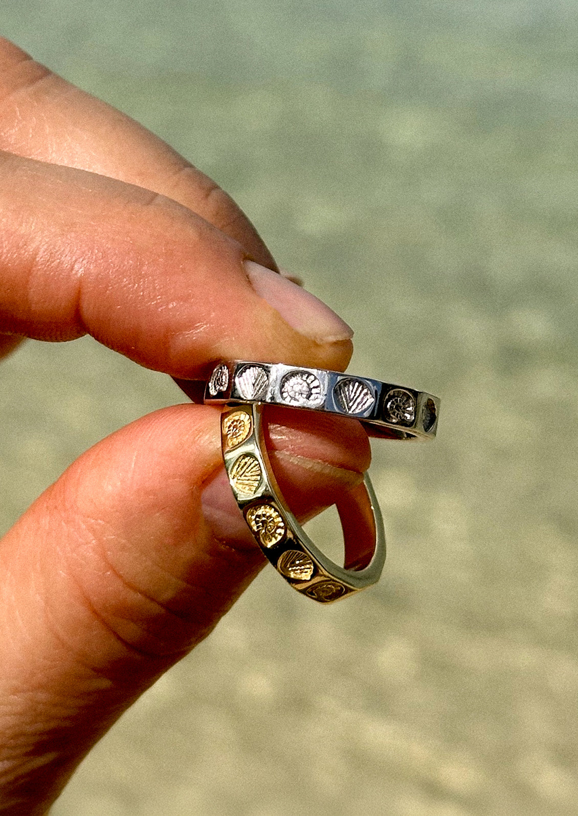 A person holding two shell imprint rings in gold and silver.
