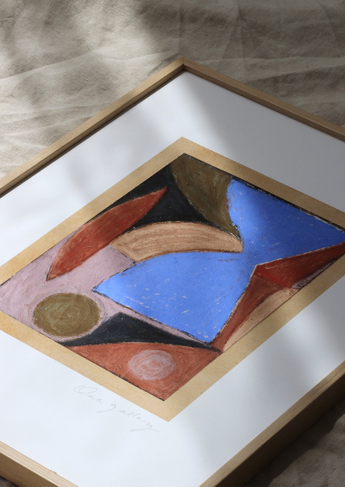 An abstract art print with pastels medium, abstract formation of shapes in midcentury modern color palette.