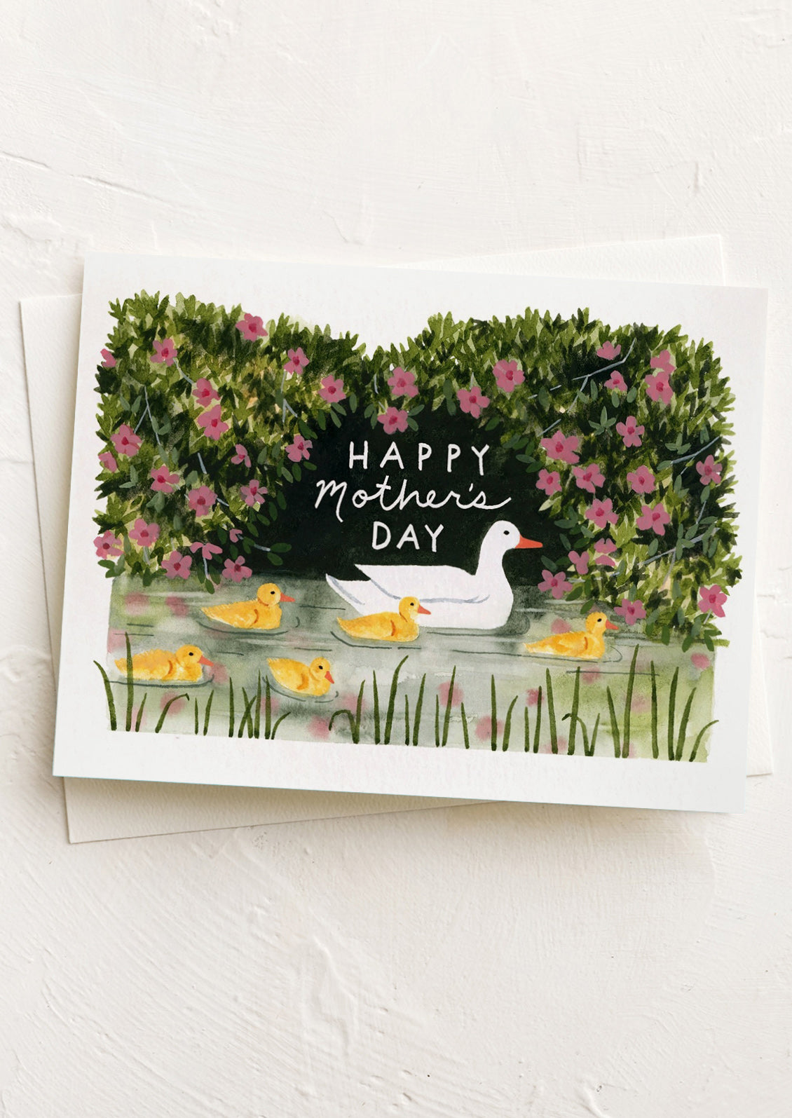 Mother's Day card with ducks and flowers on a white background