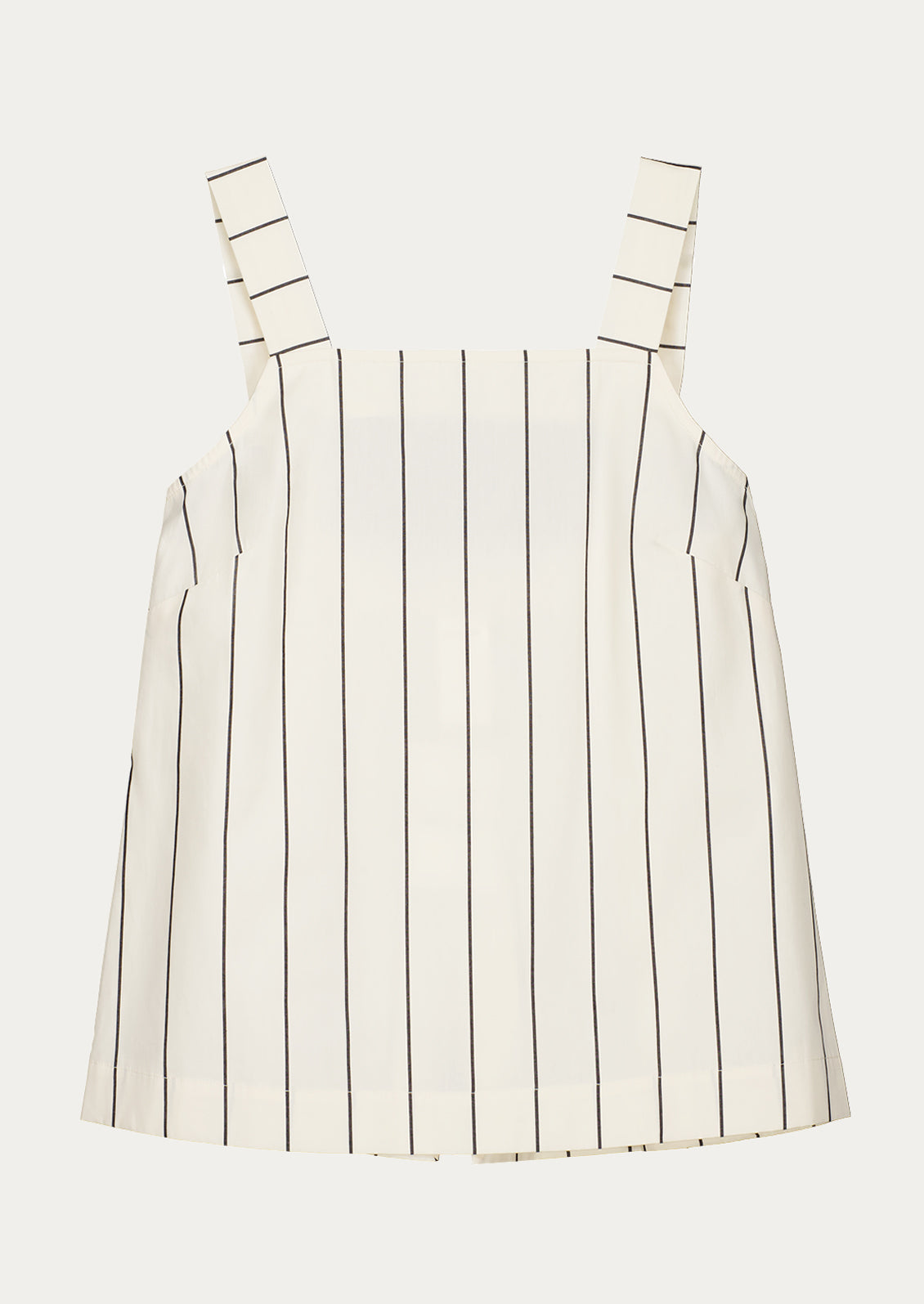 A sleeveless top with square neckline, in cream with black pinstripe.