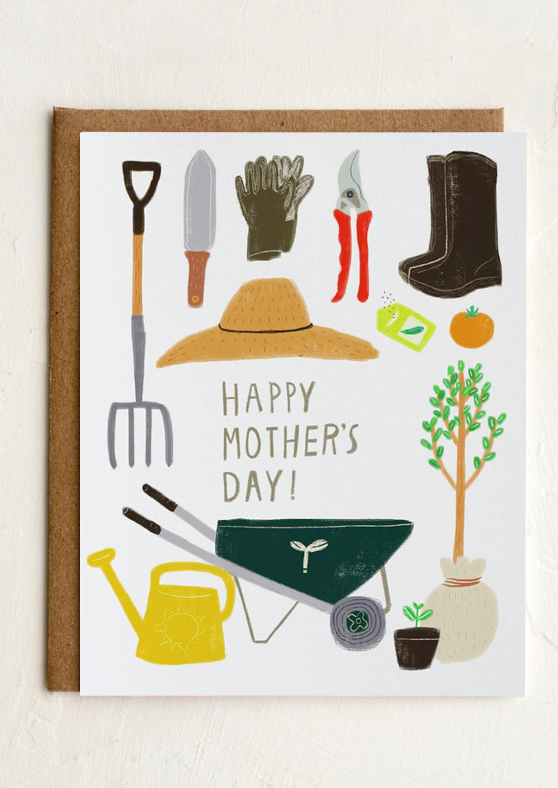 Gardening-themed Mother's Day card with tools and plants on a white background