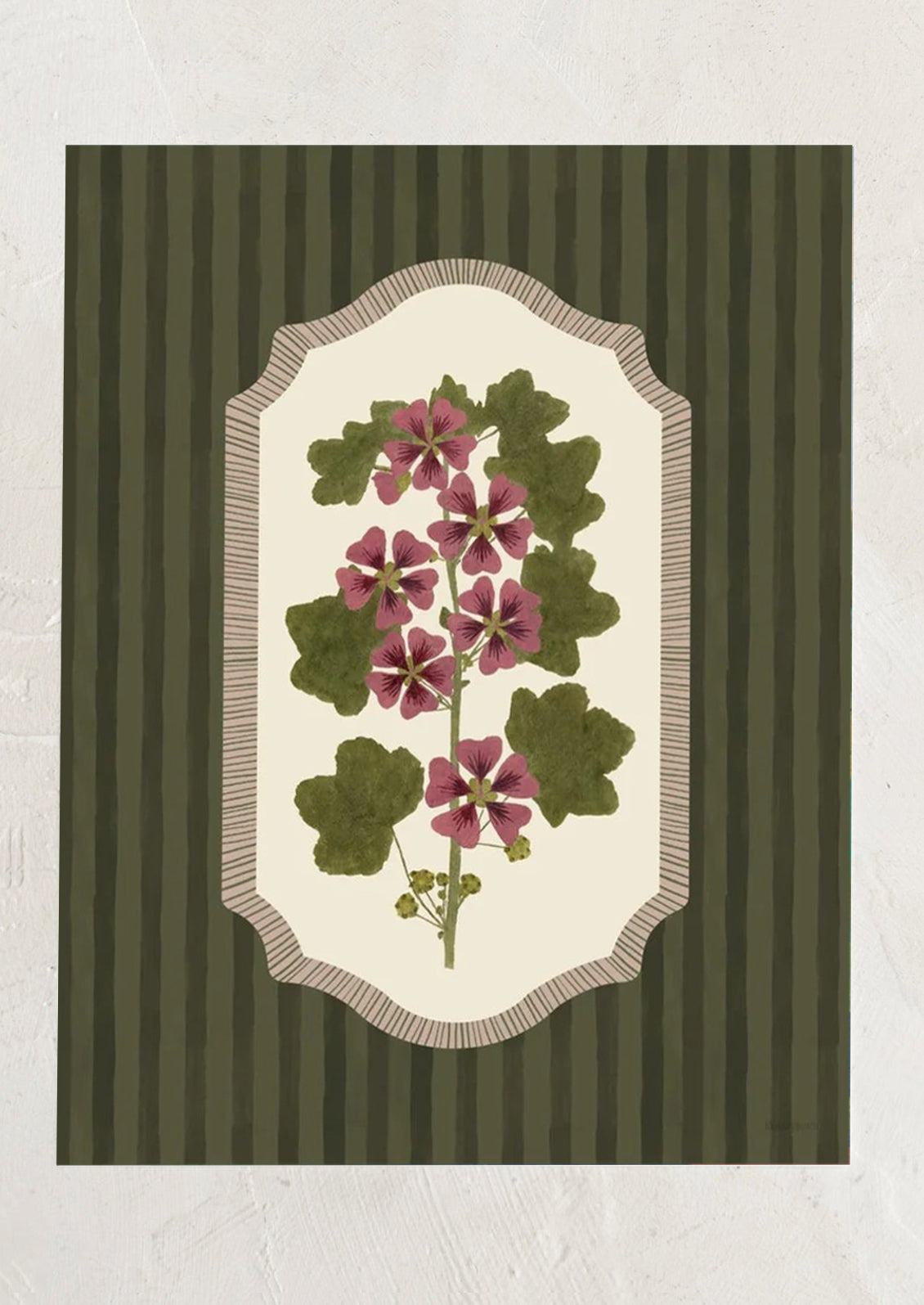 Decorative print with floral design on a green striped background.