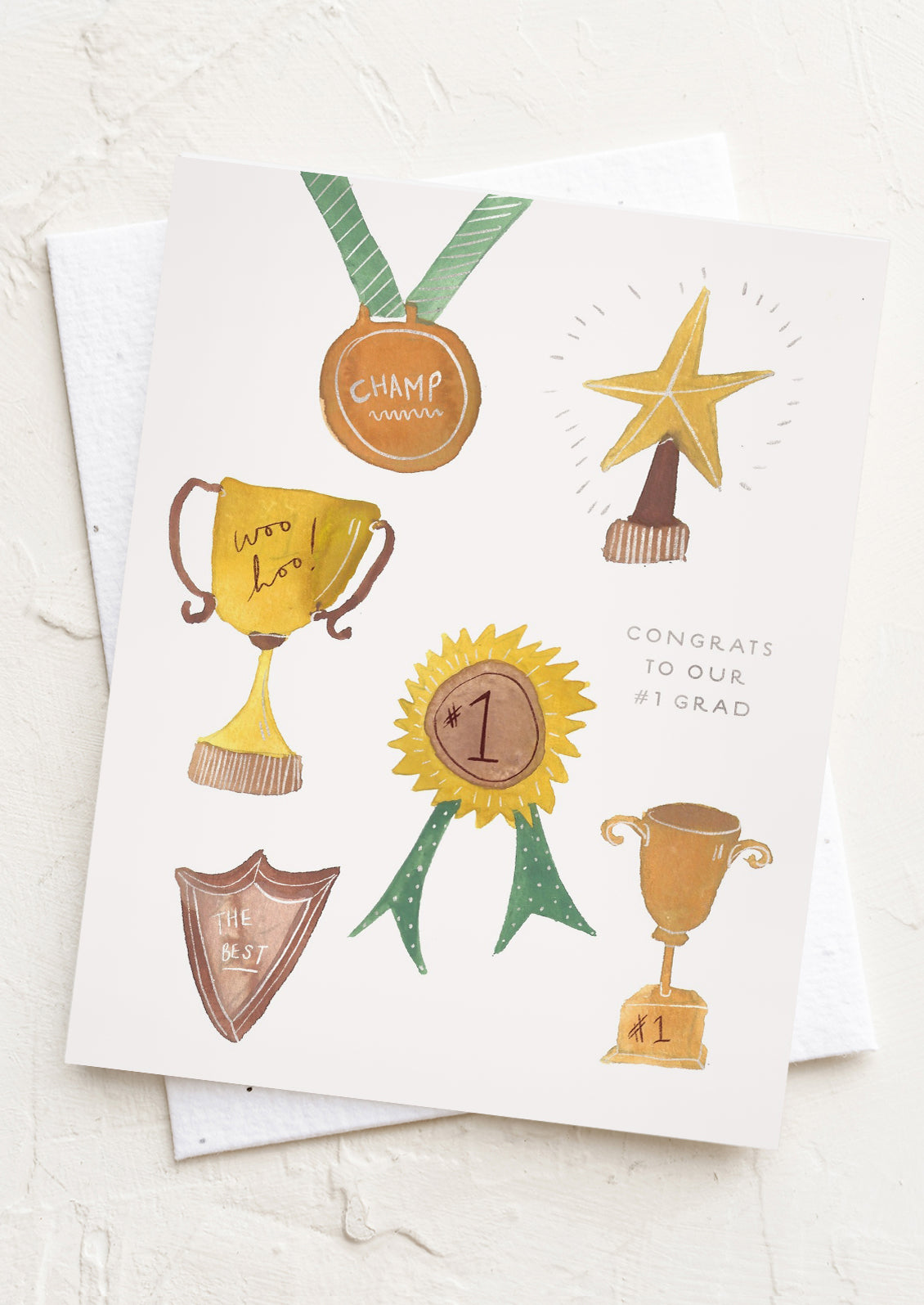 Graduation-themed card with illustrated trophies and awards on a white background