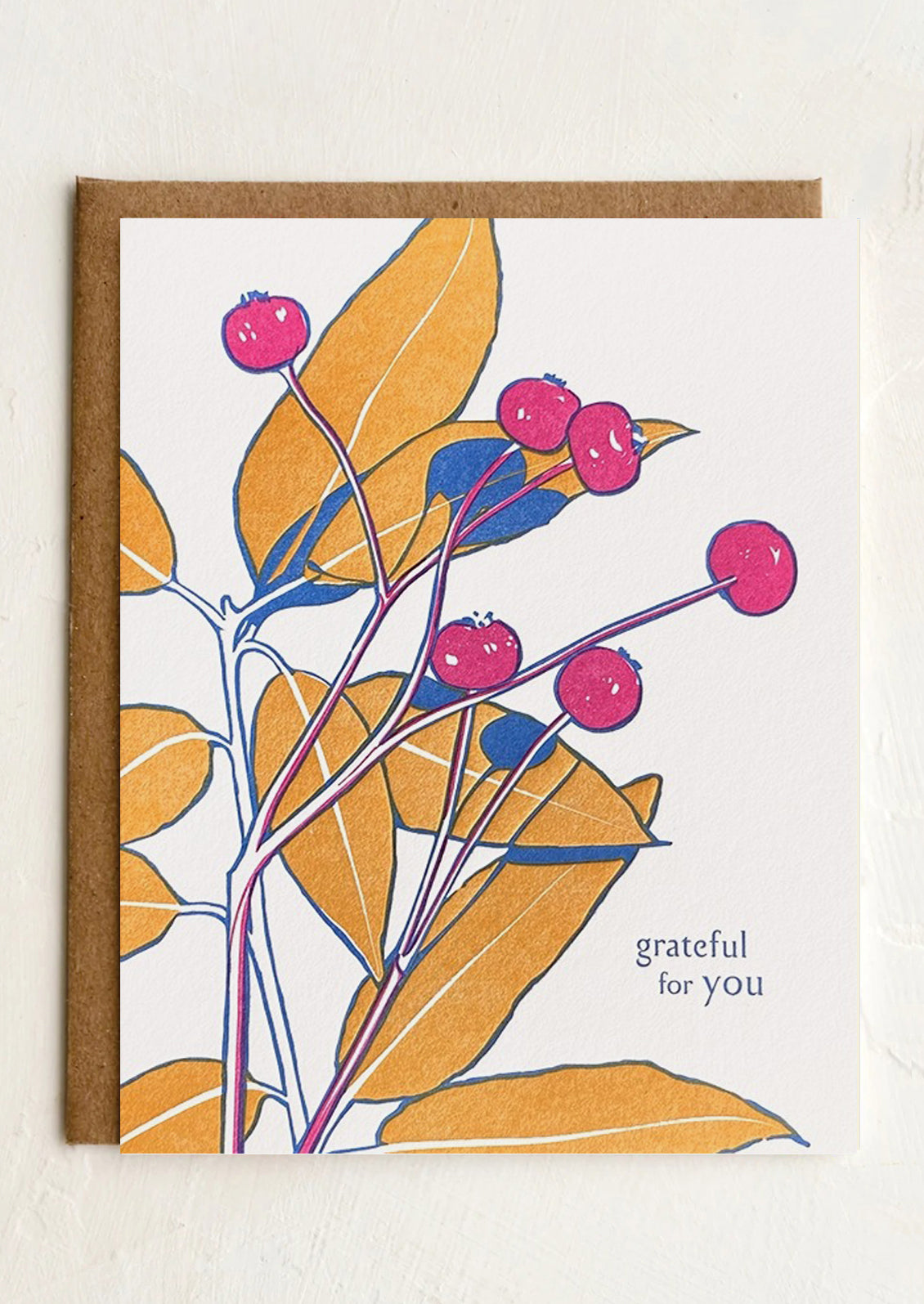 A floral print card, text reads "Grateful for you".