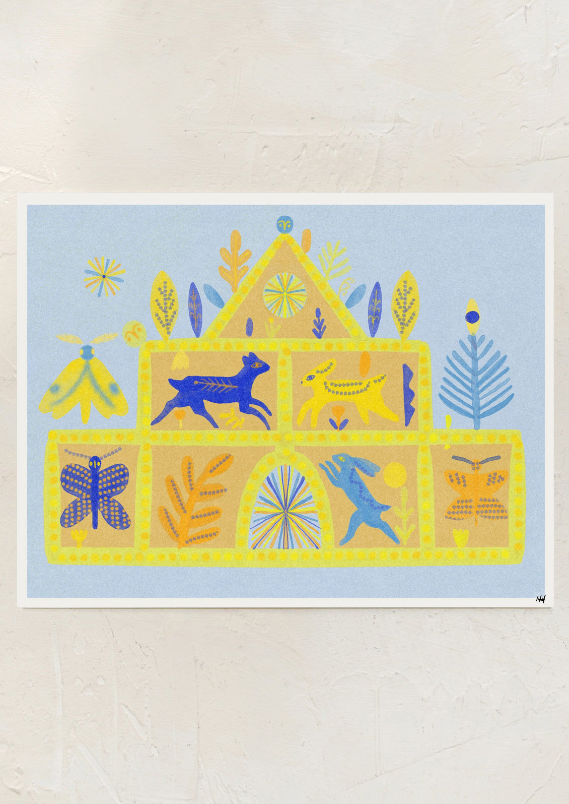 A brightly colored illustration of folk art animals inside a houselike structure.
