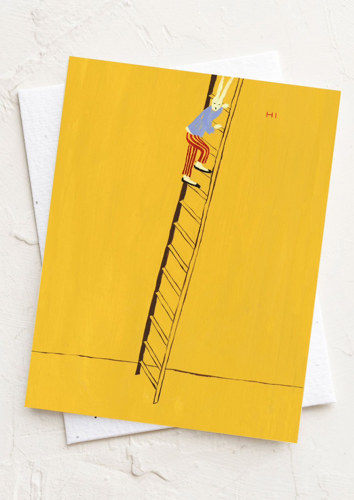 Yellow greeting card with a drawing of a person on a ladder and the word 'Hi' on a white background.