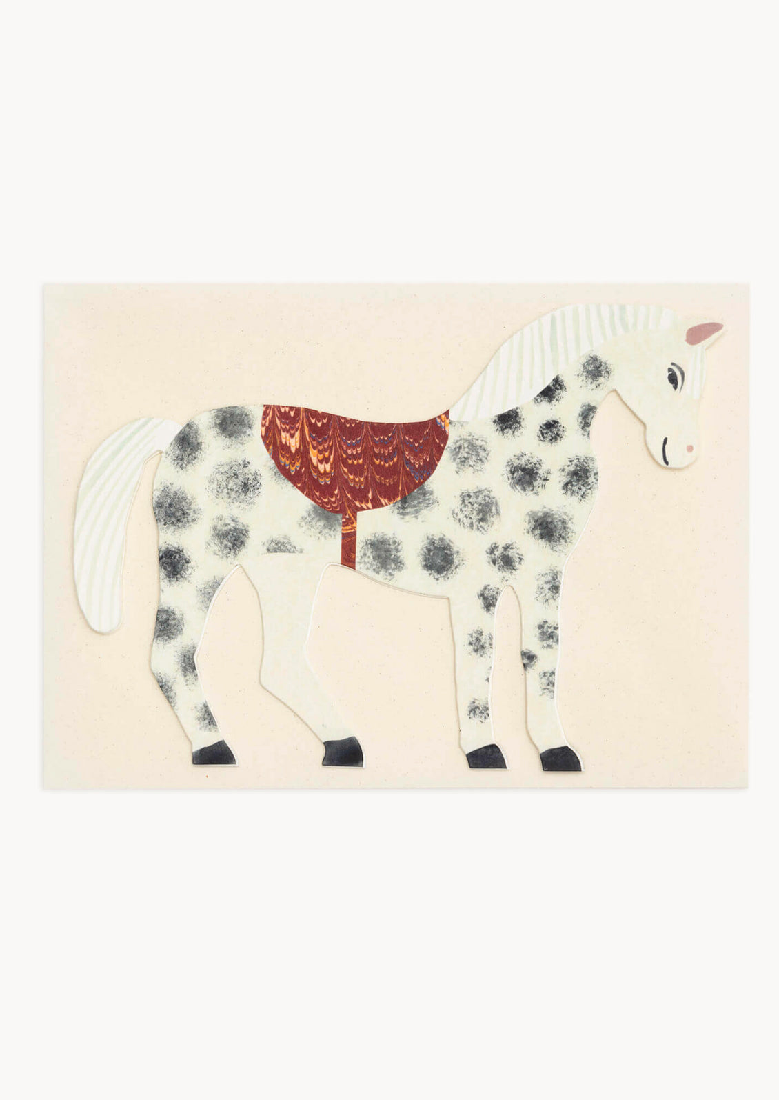 Illustration of a horse with a red saddle on a beige background