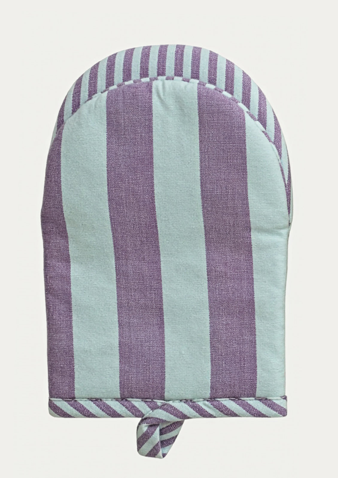 Striped oven mitt with purple and light blue pattern on a white background