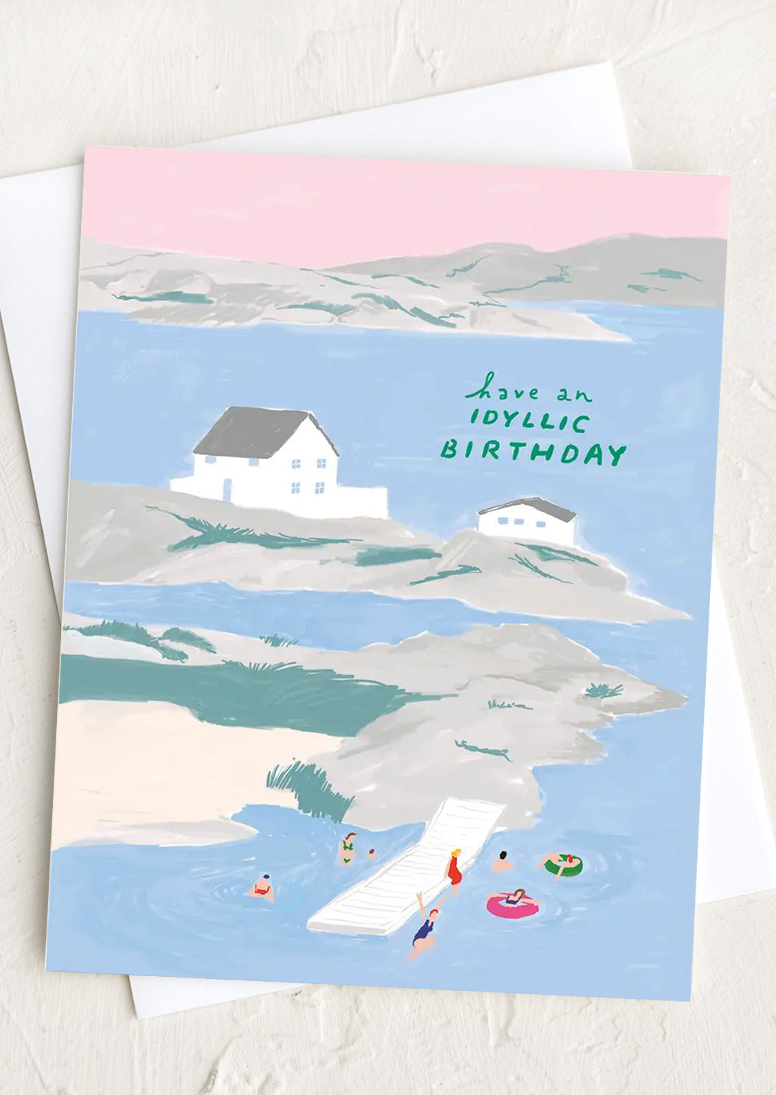 Lake house print card reading Have An Idyllic Birthday.