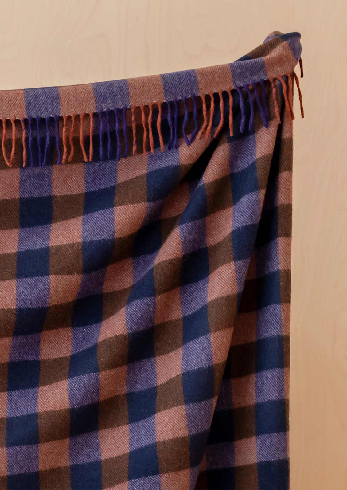 Plaid blanket with blue and brown check pattern.