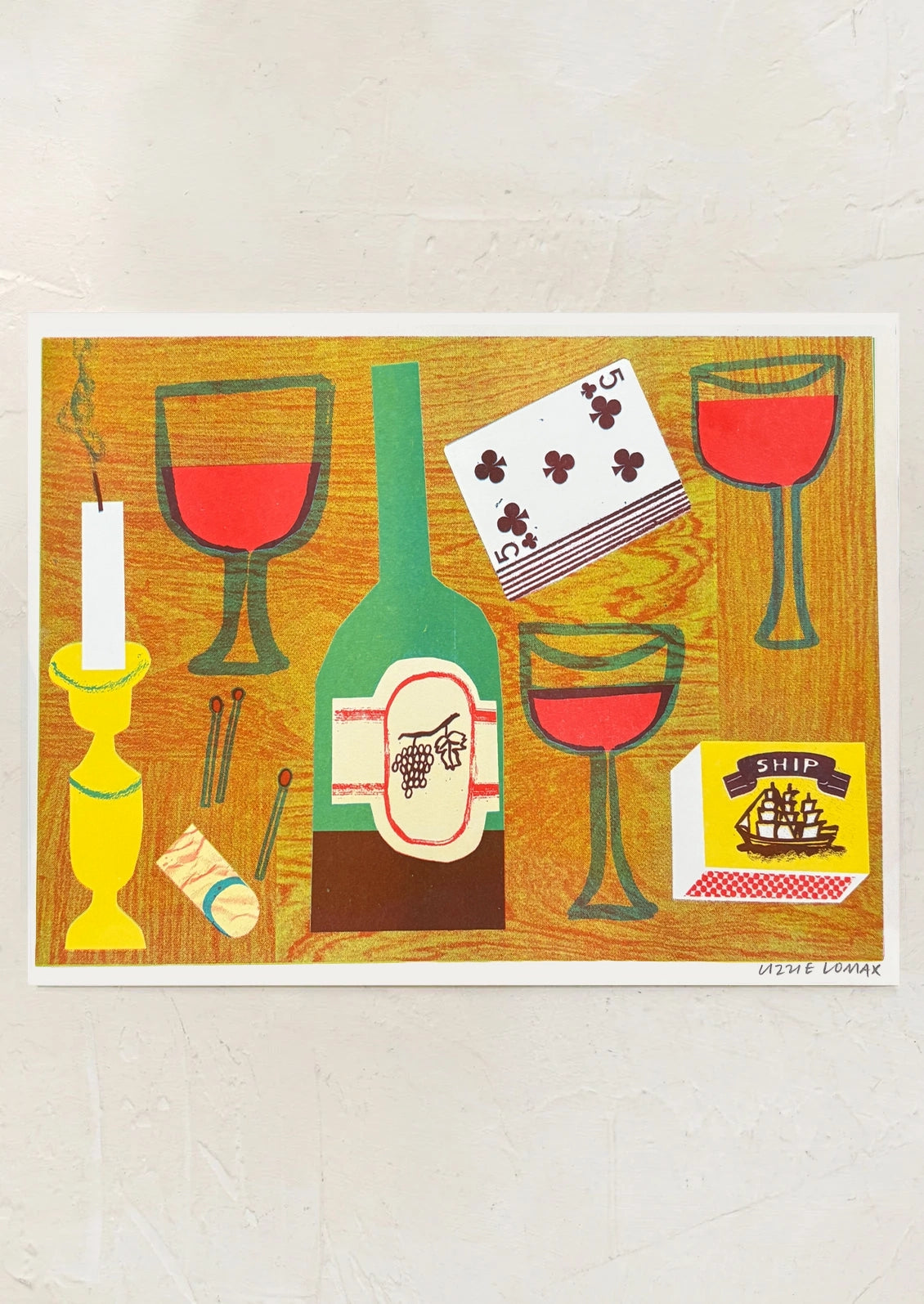 A risograph art print of a collection of objects (wine, candlestick, playing cards, matches).