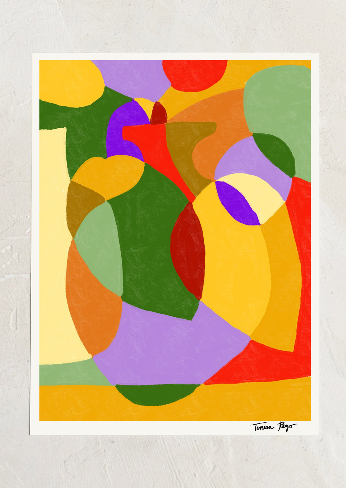 Abstract art print with colorful geometric shapes.