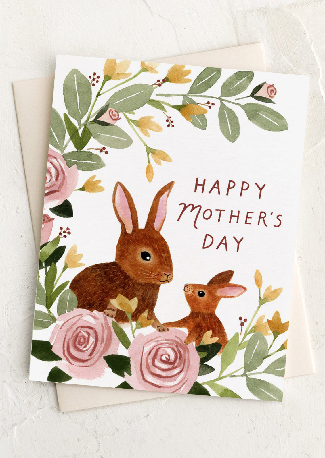 Mother's Day card with bunnies and flowers on a white background