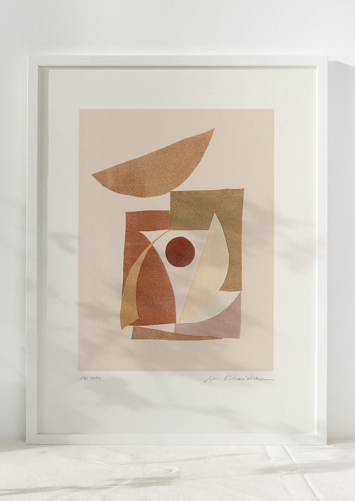 An art print with formation of abstract shapes in tones of red, brown and beige.
