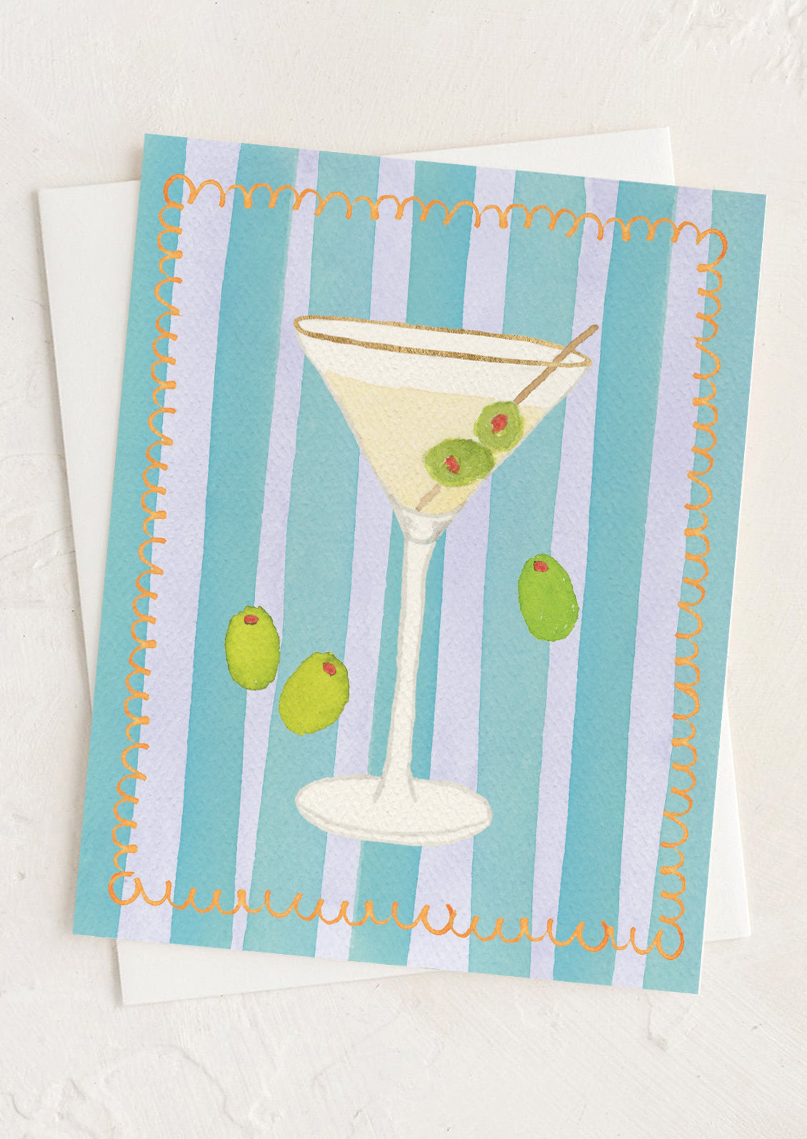 Greeting card with a martini glass and olives design on a striped background