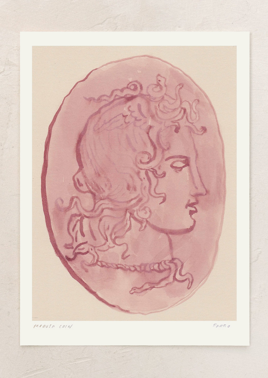 An art print of coin shaped victorian head in red on cream background.