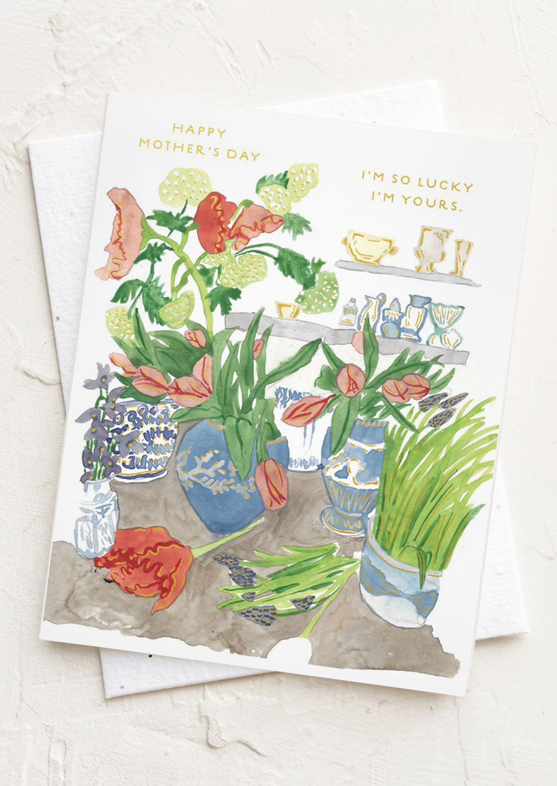 Greeting card with floral illustrations and text on a white background