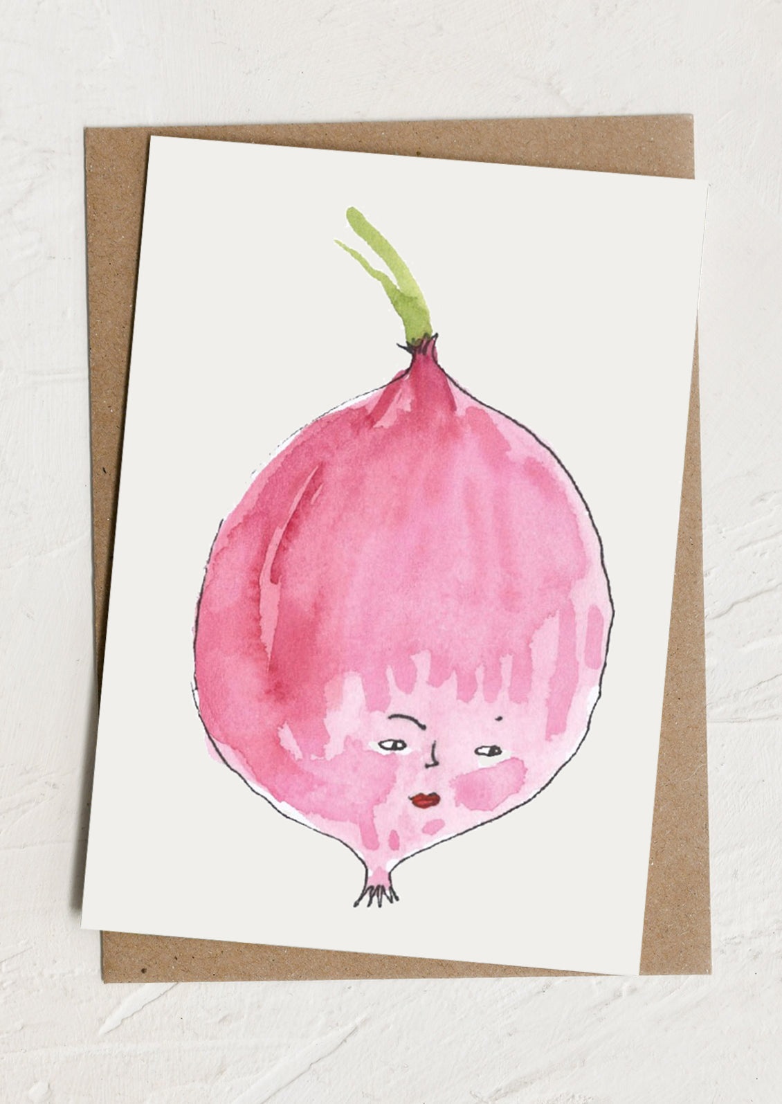 Card with an anthropomorphic pink onion illustration on a white background