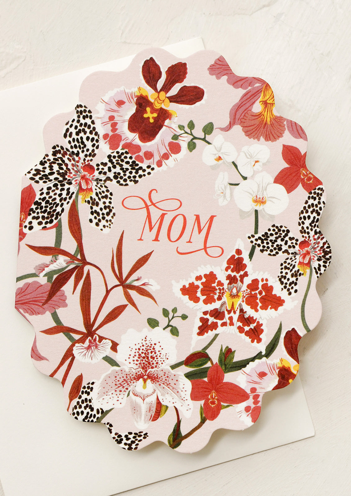Floral card with 'Mom' text on a white background