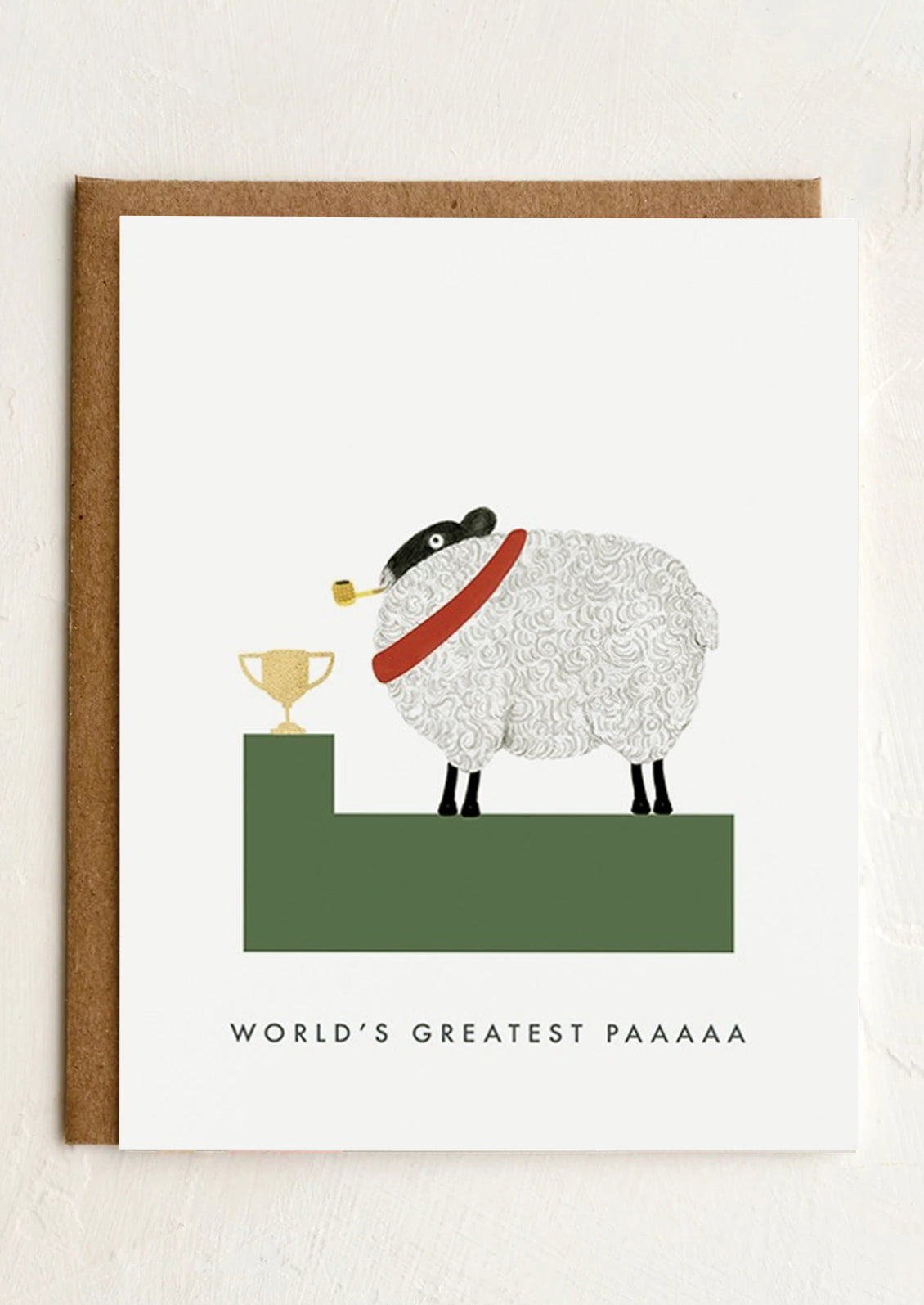 A greeting card with an illustration of a sheep winning a trophy, text reads "World's Greatest Paaaa".