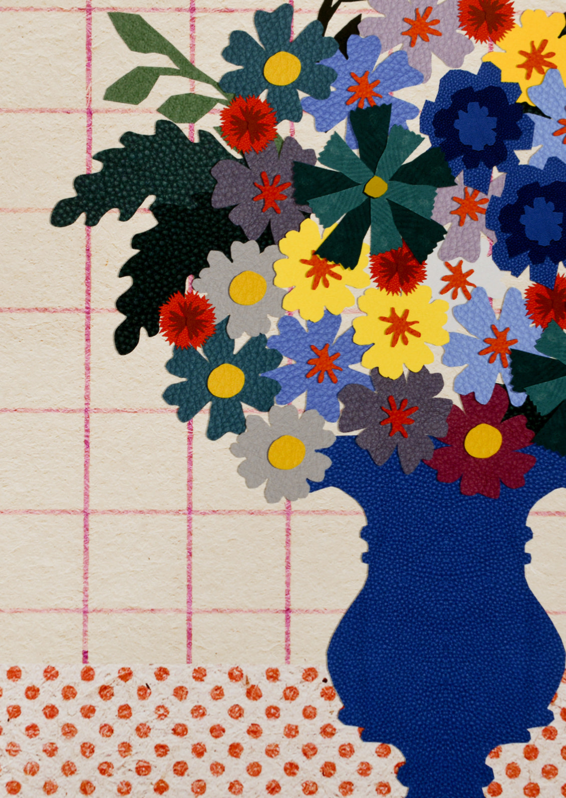 An art print of a primary colored flower arrangement in blue vase, atop checkered background.