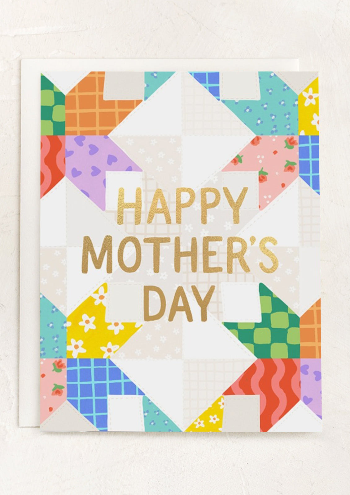 Colorful patchwork-style card with 'Happy Mother's Day' text on a white background