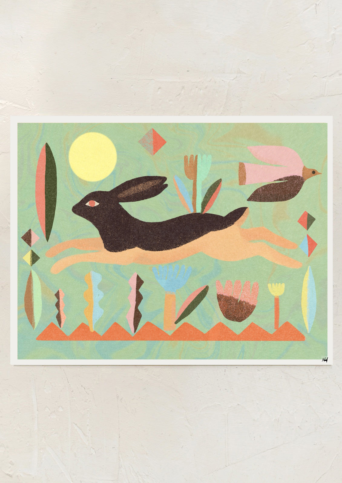 Colorful abstract artwork with a rabbit and geometric shapes on a light background