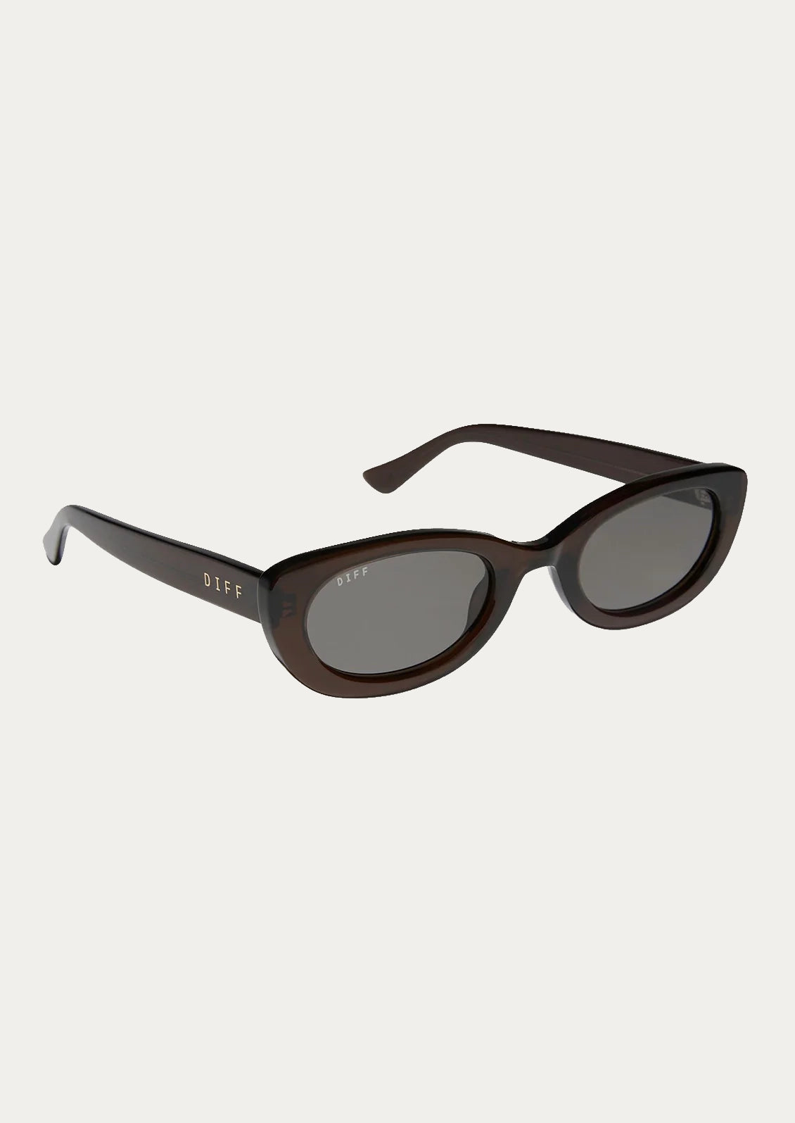 A pair of oval shaped sunglasses with a brown frame and grey lenses.