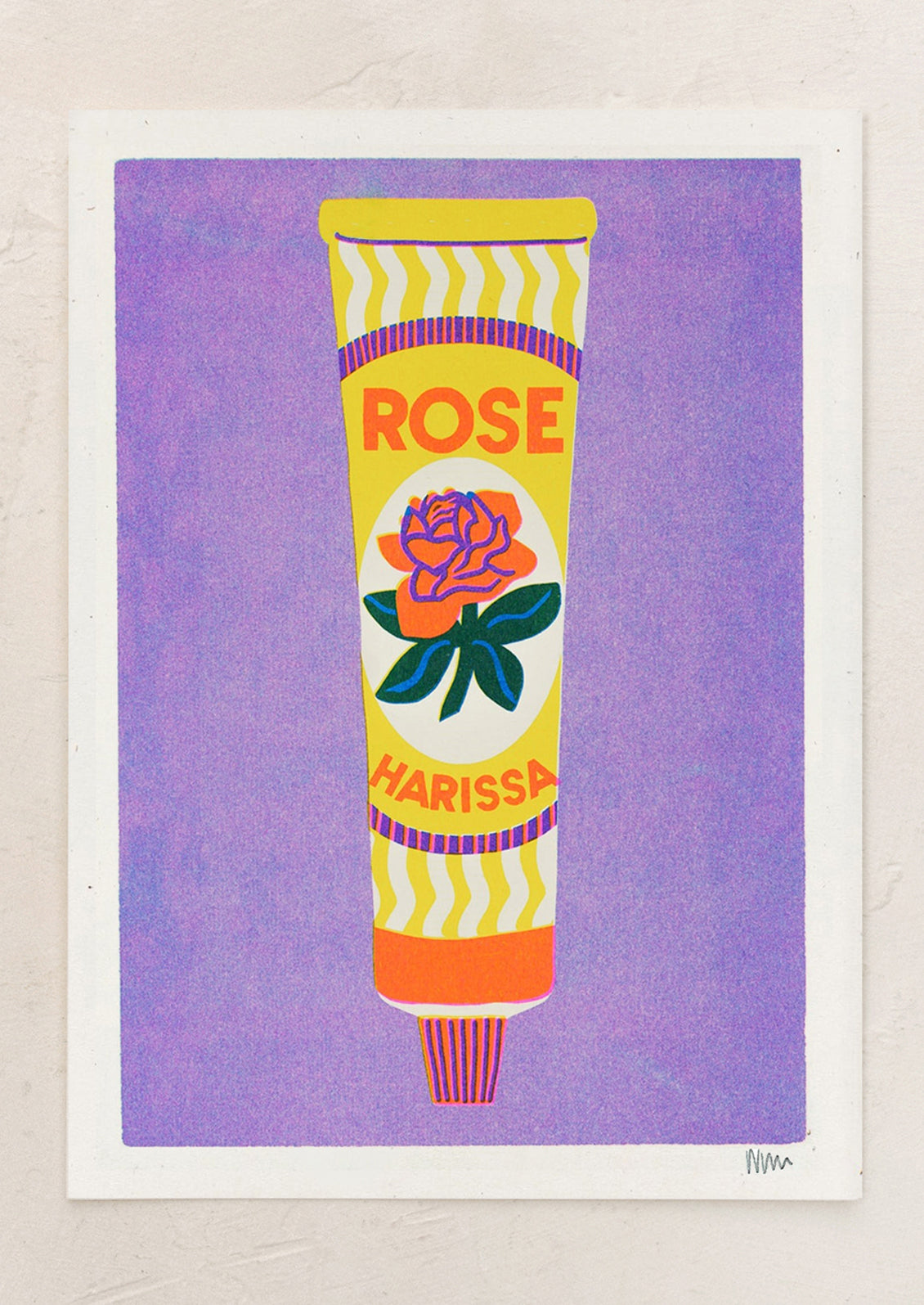 Colorful illustration of a tube labeled 'Rose Harissa' on a purple background.